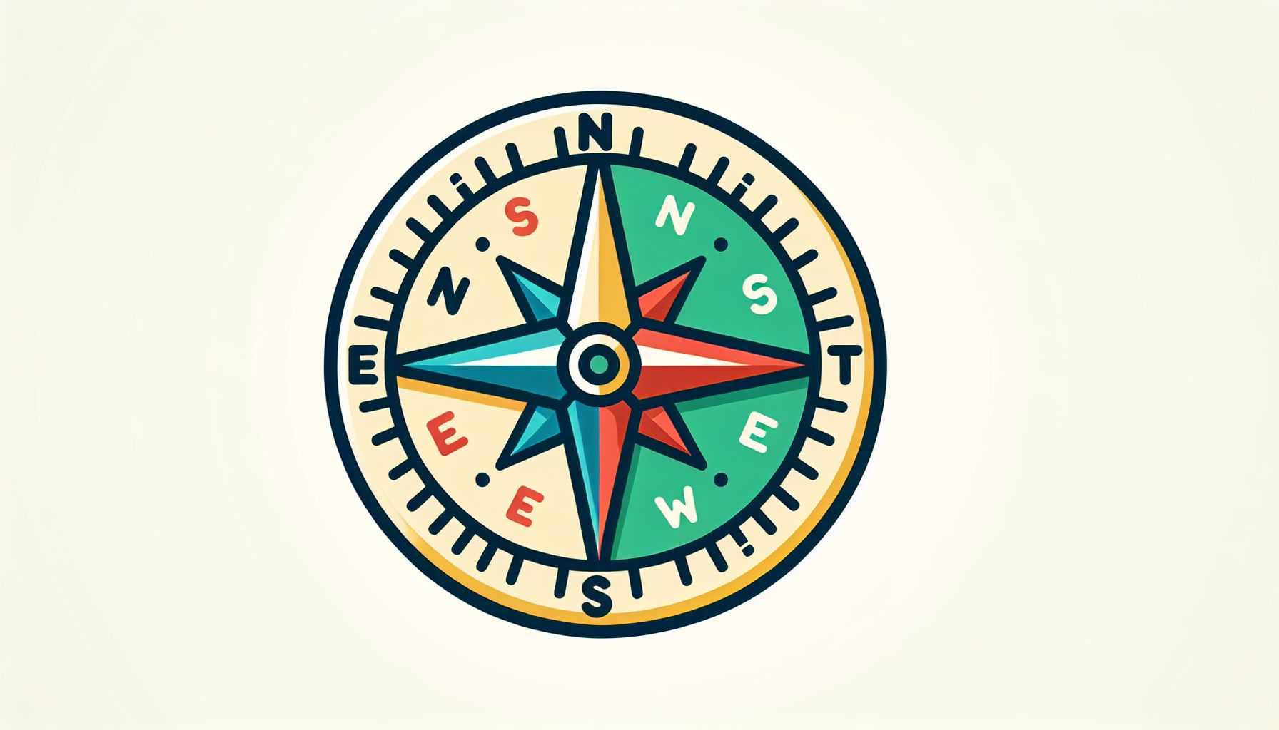 Compass in flat illustration style and white background, red #f47574, green #88c7a8, yellow #fcc44b, and blue #645bc8 colors.