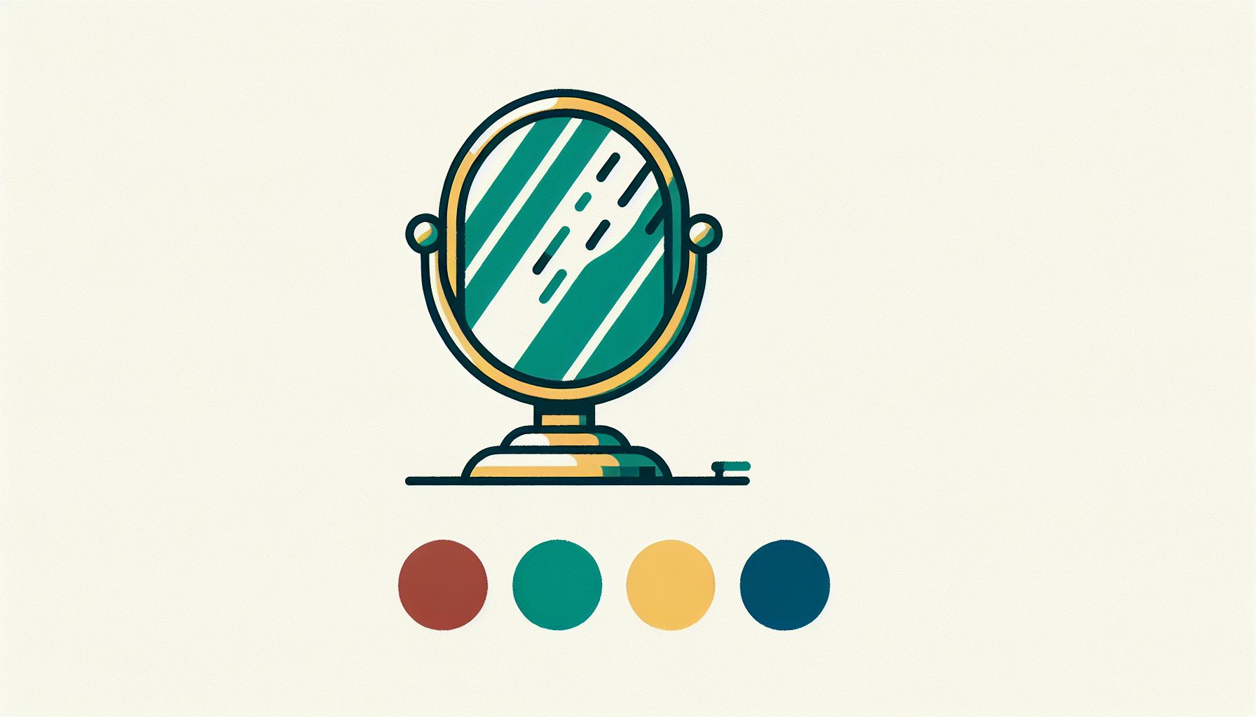 Mirror in flat illustration style and white background, red #f47574, green #88c7a8, yellow #fcc44b, and blue #645bc8 colors.