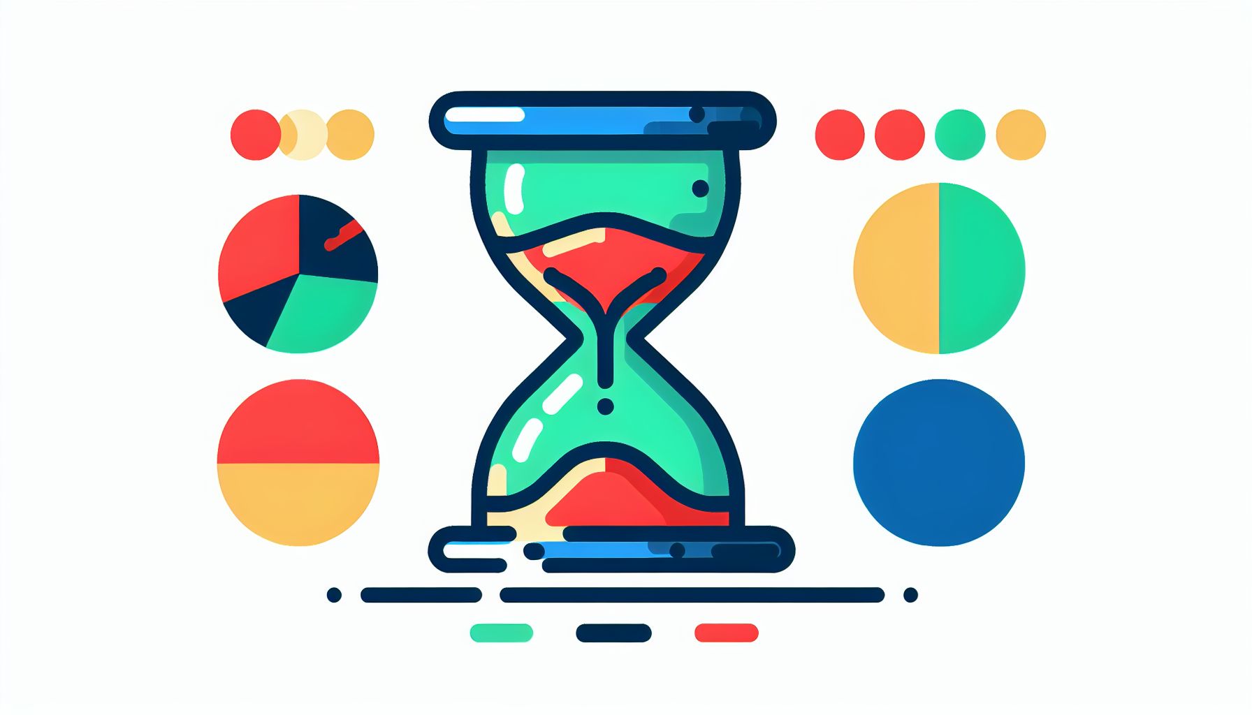 Hourglass in flat illustration style and white background, red #f47574, green #88c7a8, yellow #fcc44b, and blue #645bc8 colors.