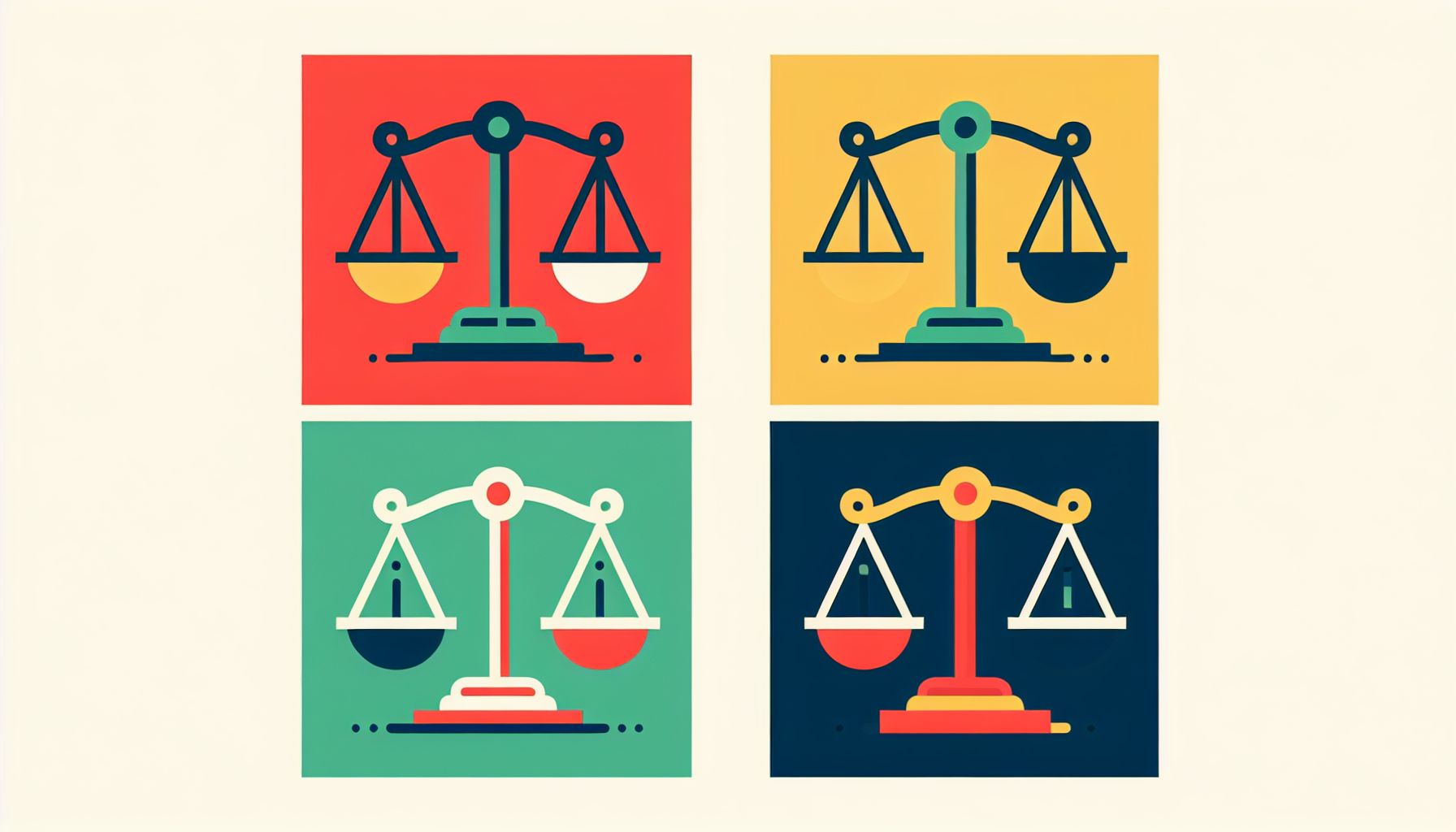 Scale in flat illustration style and white background, red #f47574, green #88c7a8, yellow #fcc44b, and blue #645bc8 colors.