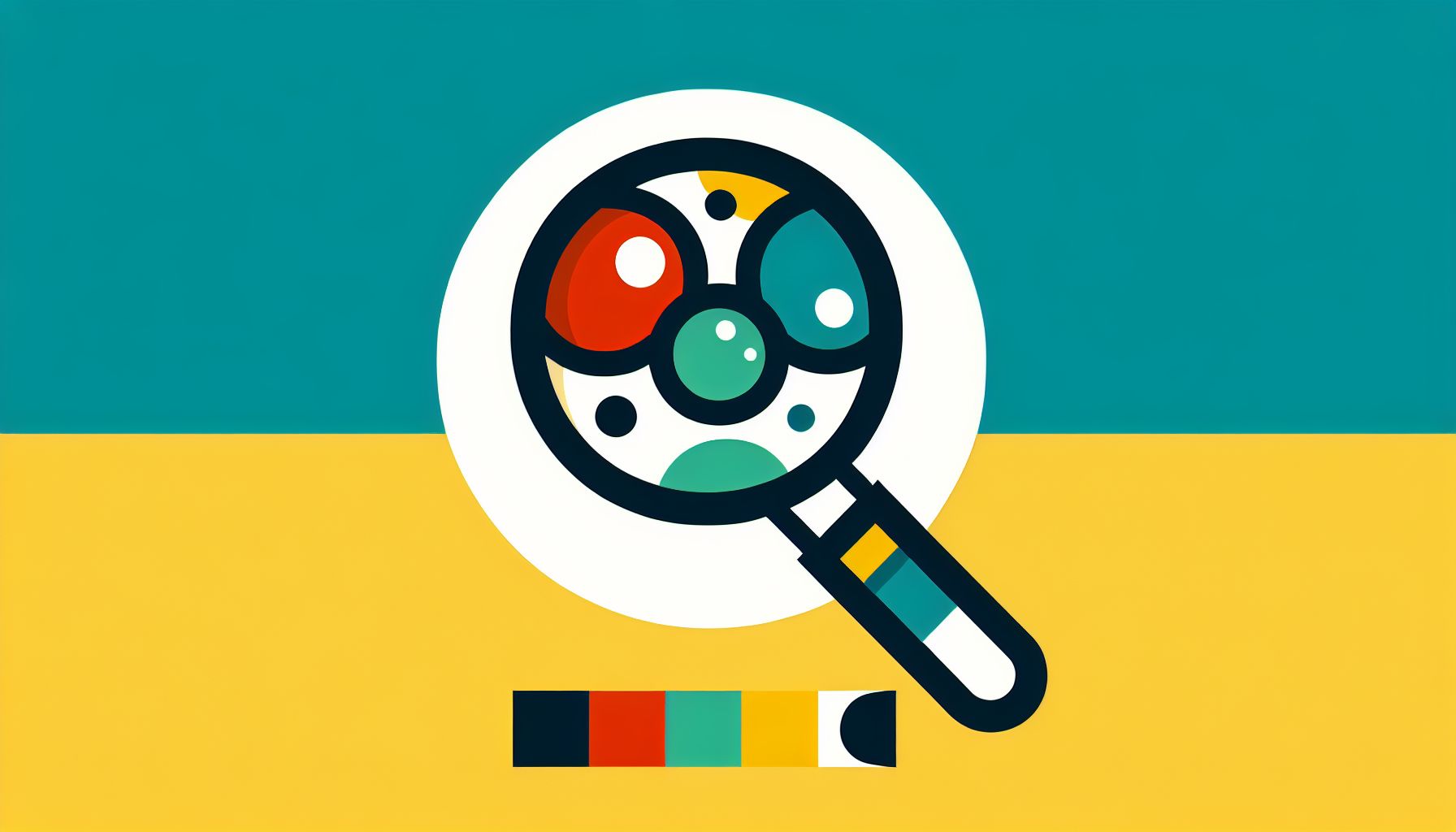 Magnifying glass in flat illustration style and white background, red #f47574, green #88c7a8, yellow #fcc44b, and blue #645bc8 colors.