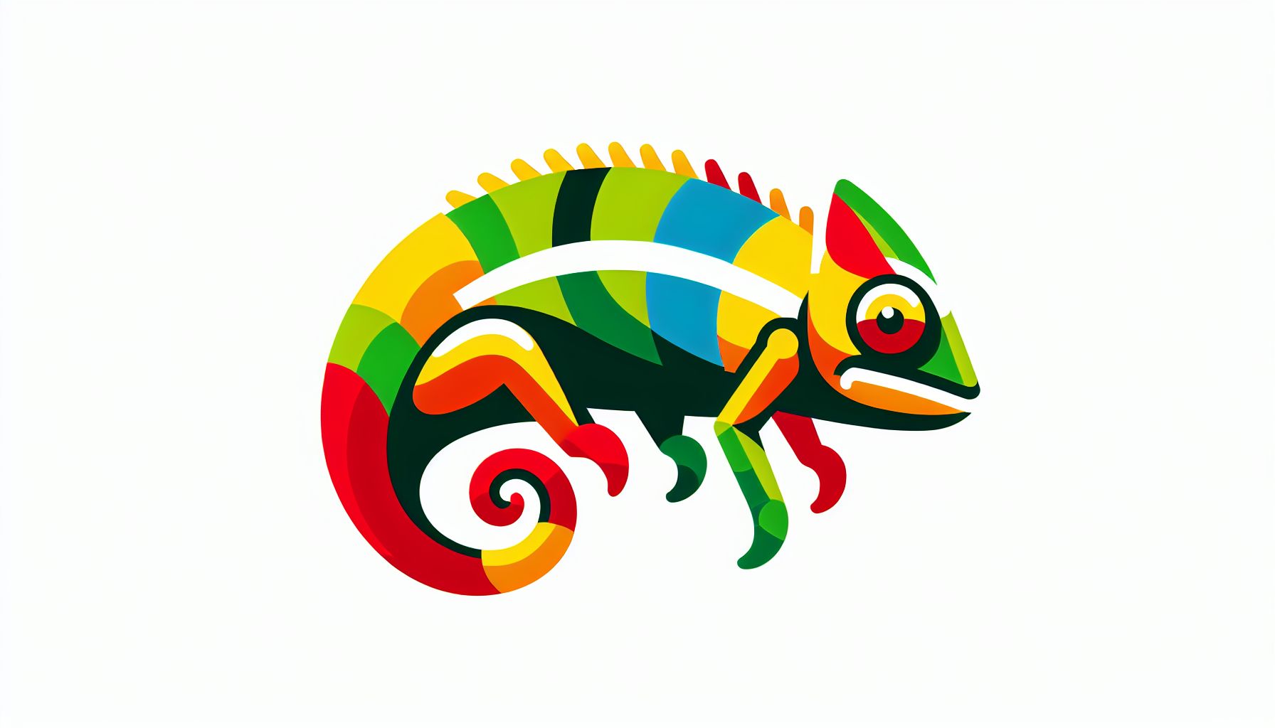 Chameleon in flat illustration style and white background, red #f47574, green #88c7a8, yellow #fcc44b, and blue #645bc8 colors.