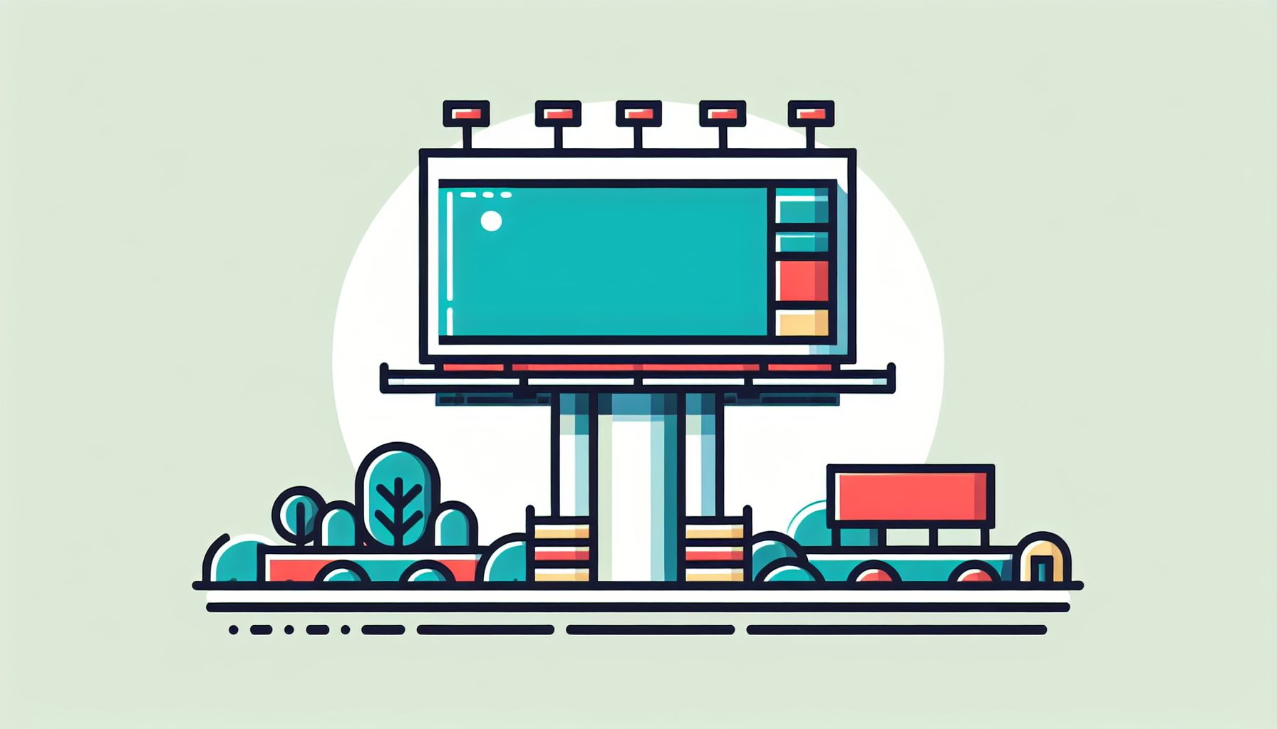 Billboard in flat illustration style and white background, red #f47574, green #88c7a8, yellow #fcc44b, and blue #645bc8 colors.
