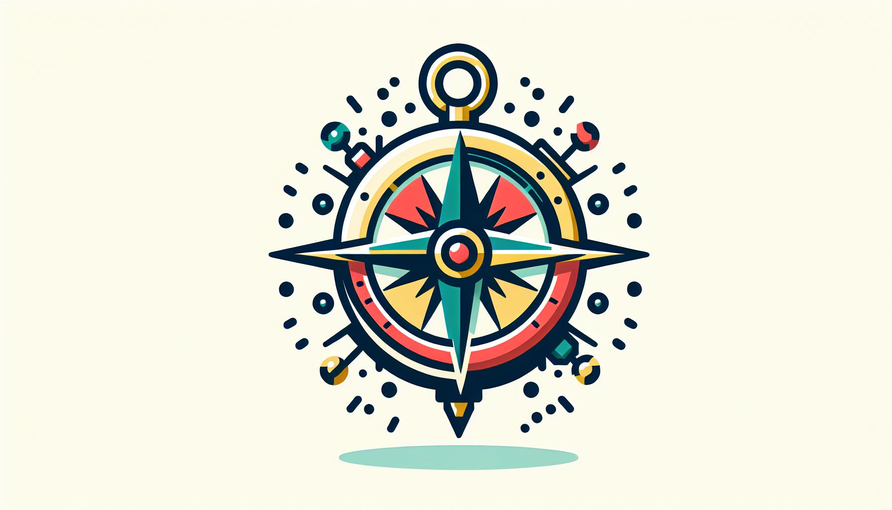 Compass in flat illustration style and white background, red #f47574, green #88c7a8, yellow #fcc44b, and blue #645bc8 colors.