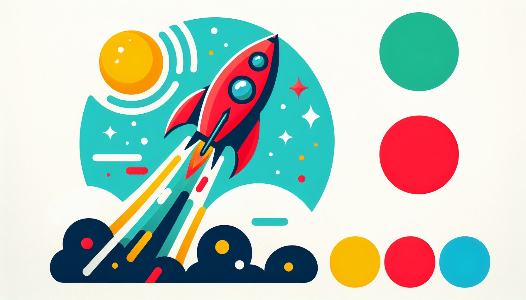 Rocket in flat illustration style and white background, red #f47574, green #88c7a8, yellow #fcc44b, and blue #645bc8 colors.