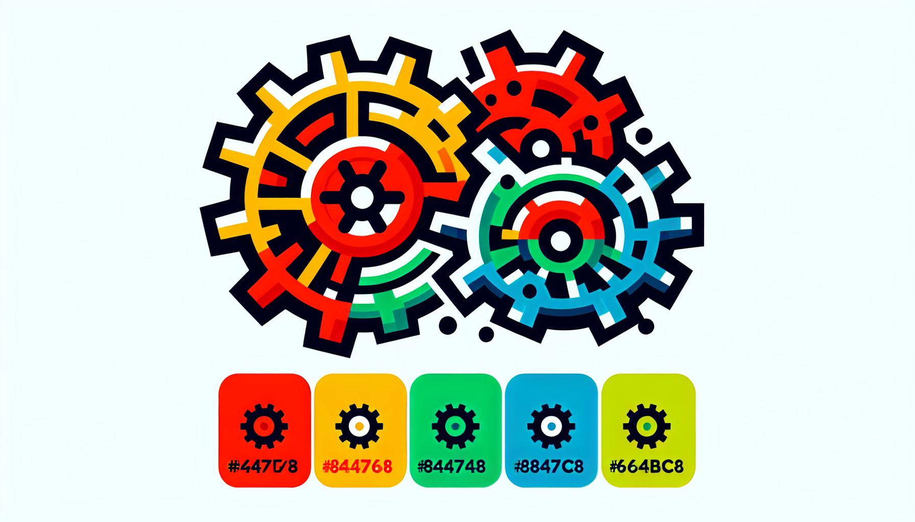 Gear in flat illustration style and white background, red #f47574, green #88c7a8, yellow #fcc44b, and blue #645bc8 colors.