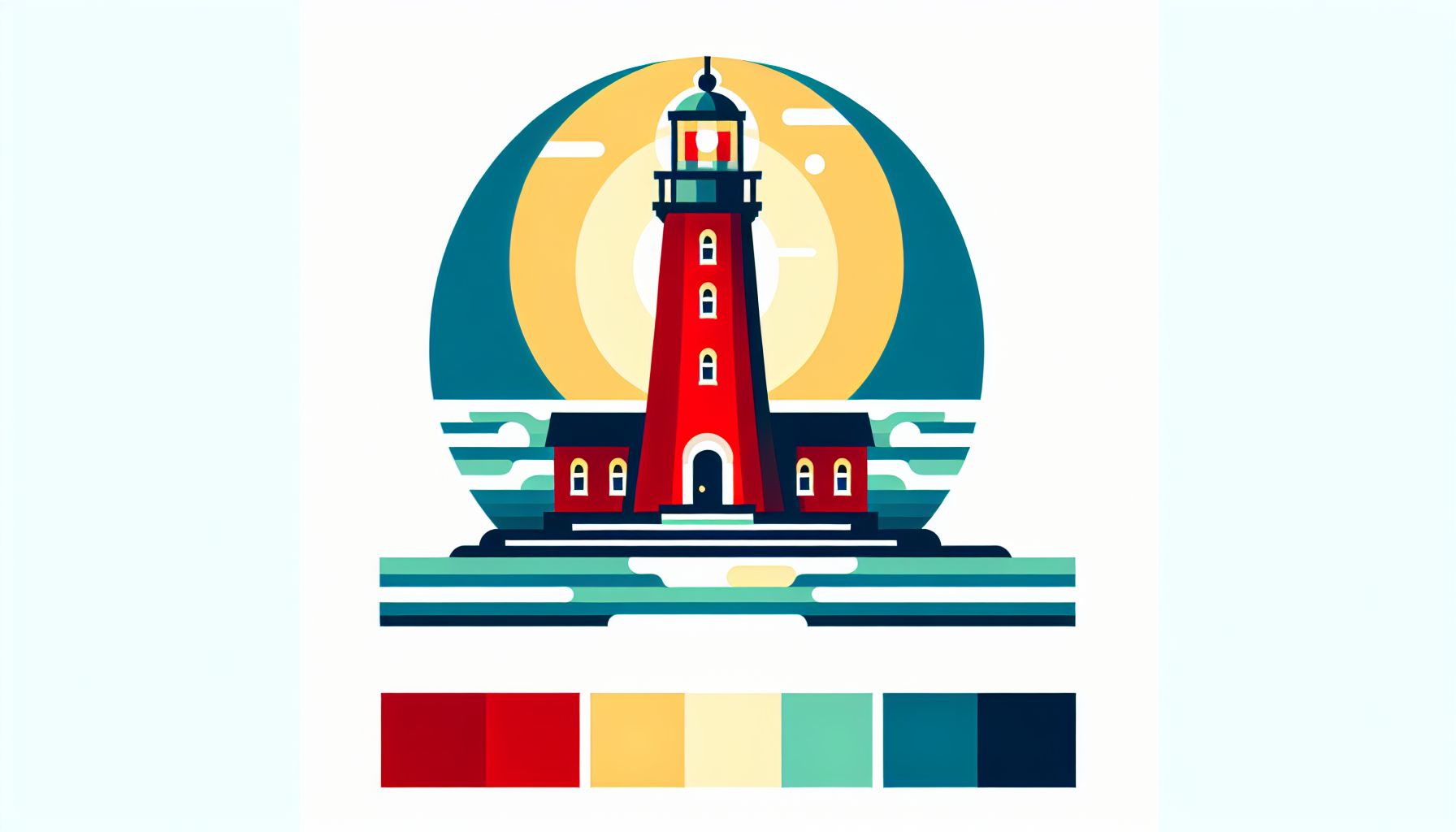 Lighthouse in flat illustration style and white background, red #f47574, green #88c7a8, yellow #fcc44b, and blue #645bc8 colors.