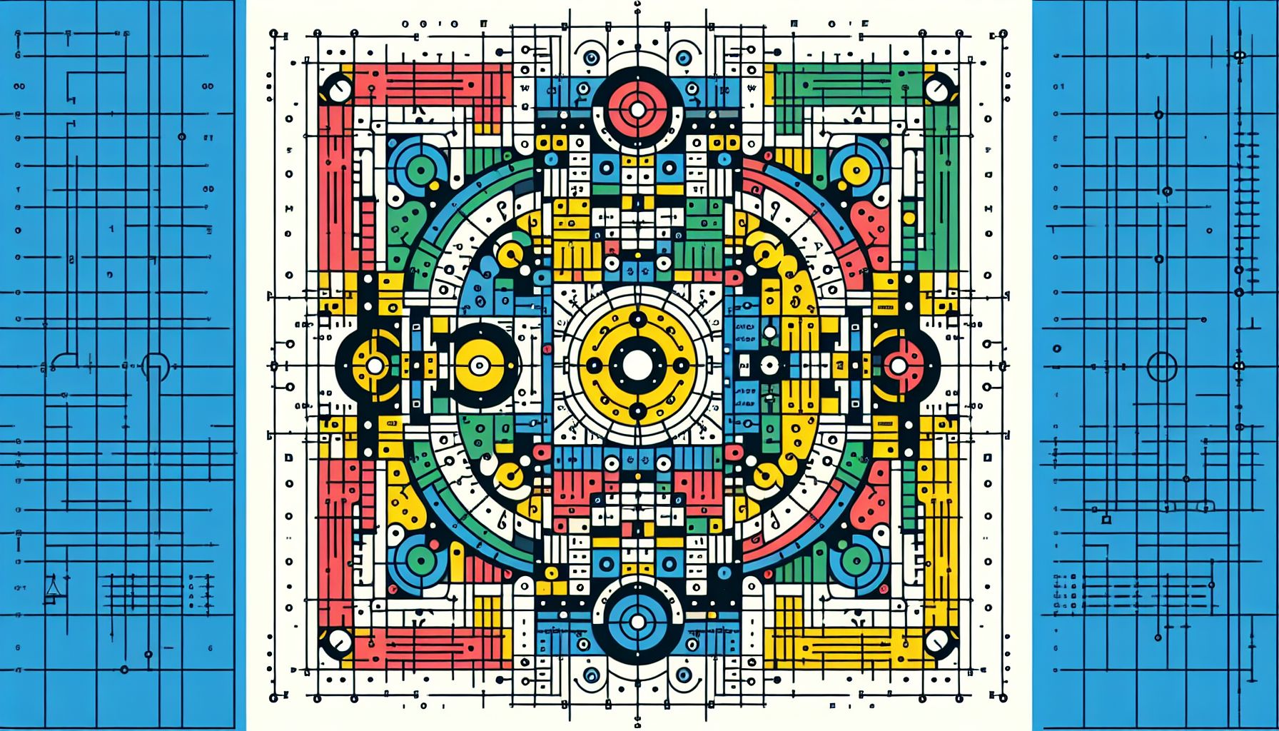 Blueprint in flat illustration style and white background, red #f47574, green #88c7a8, yellow #fcc44b, and blue #645bc8 colors.