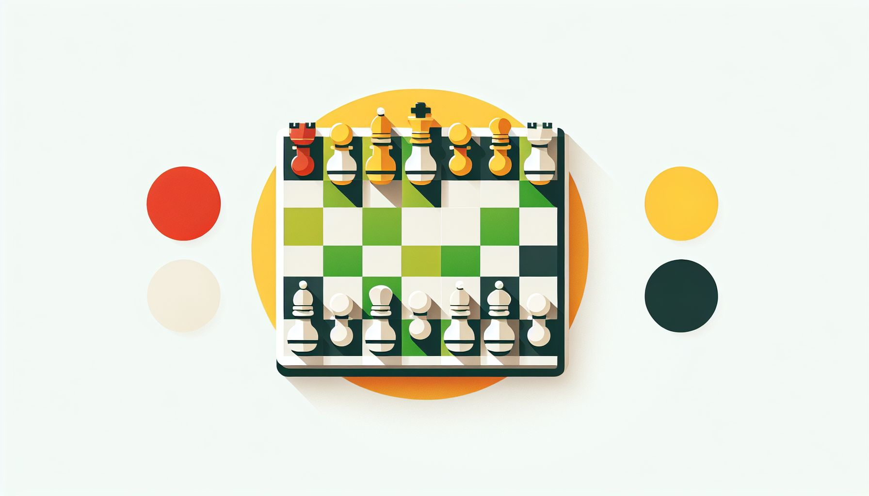Chessboard in flat illustration style and white background, red #f47574, green #88c7a8, yellow #fcc44b, and blue #645bc8 colors.