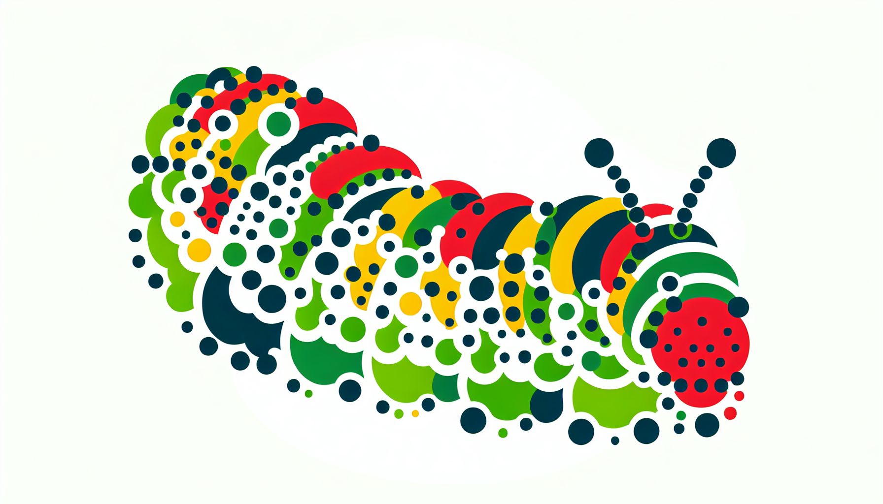 Caterpillar in flat illustration style and white background, red #f47574, green #88c7a8, yellow #fcc44b, and blue #645bc8 colors.