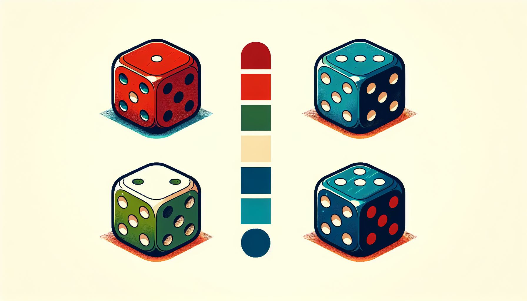 Dice in flat illustration style and white background, red #f47574, green #88c7a8, yellow #fcc44b, and blue #645bc8 colors.
