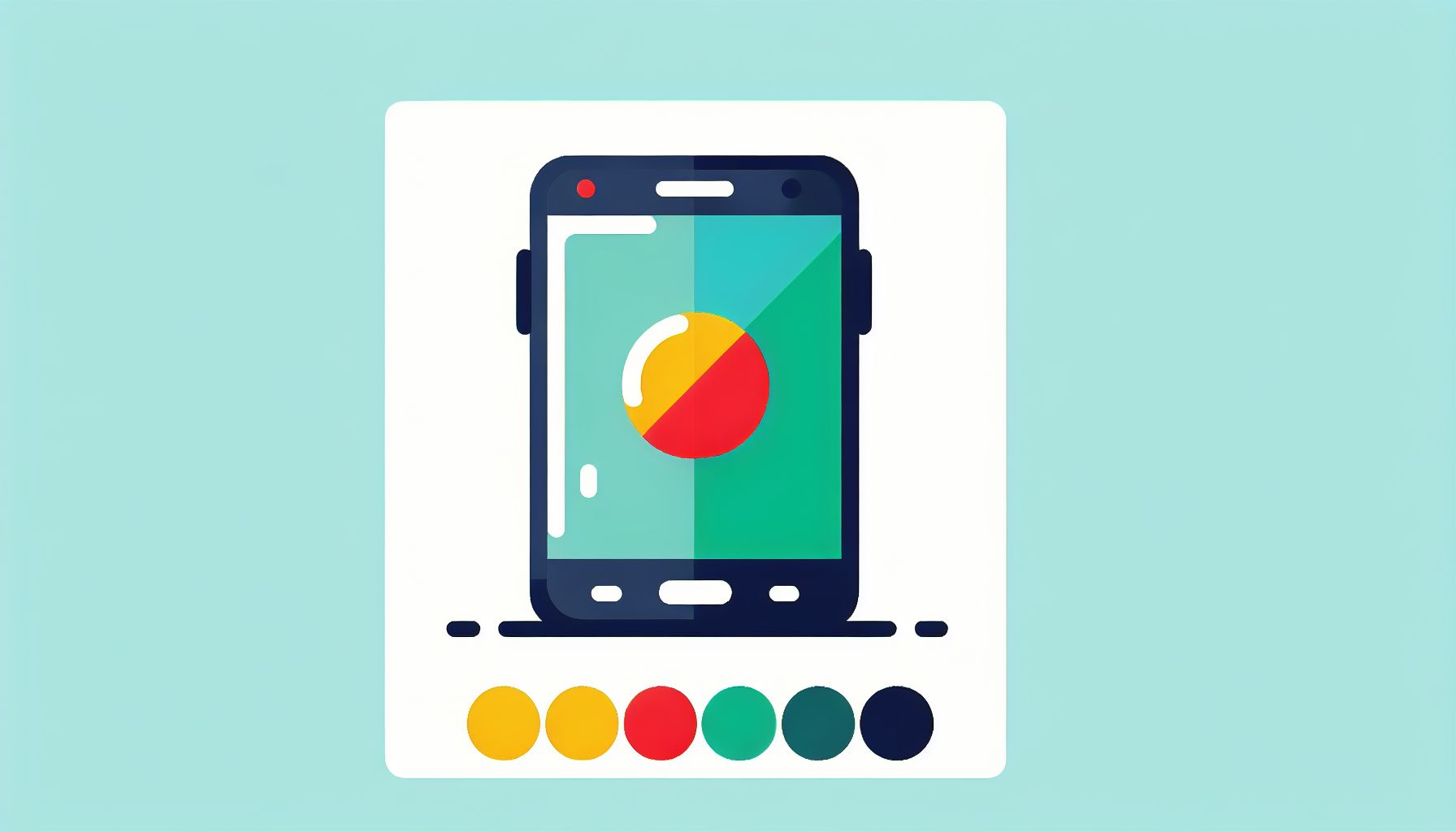 Smartphone in flat illustration style and white background, red #f47574, green #88c7a8, yellow #fcc44b, and blue #645bc8 colors.