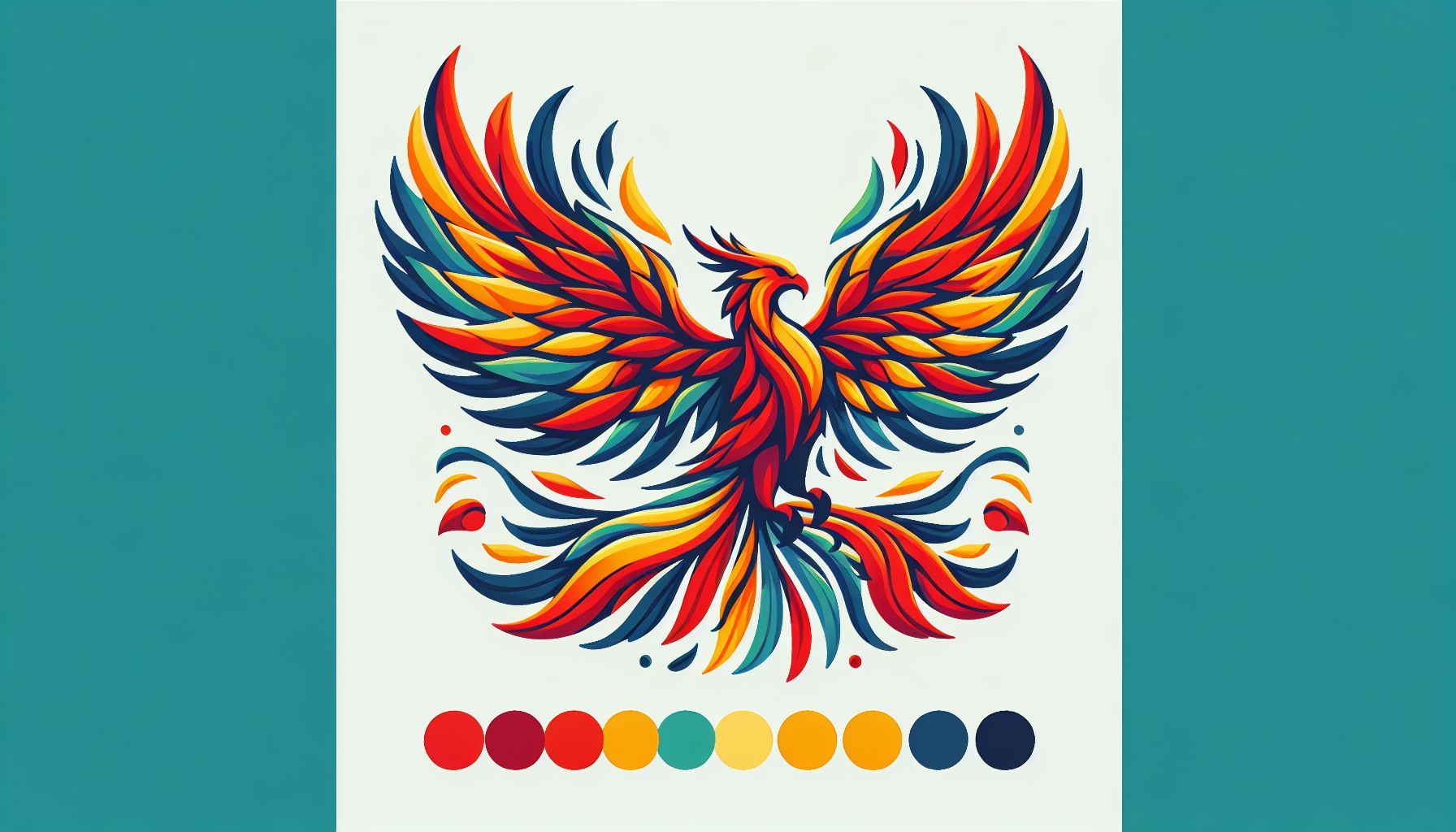 Phoenix in flat illustration style and white background, red #f47574, green #88c7a8, yellow #fcc44b, and blue #645bc8 colors.