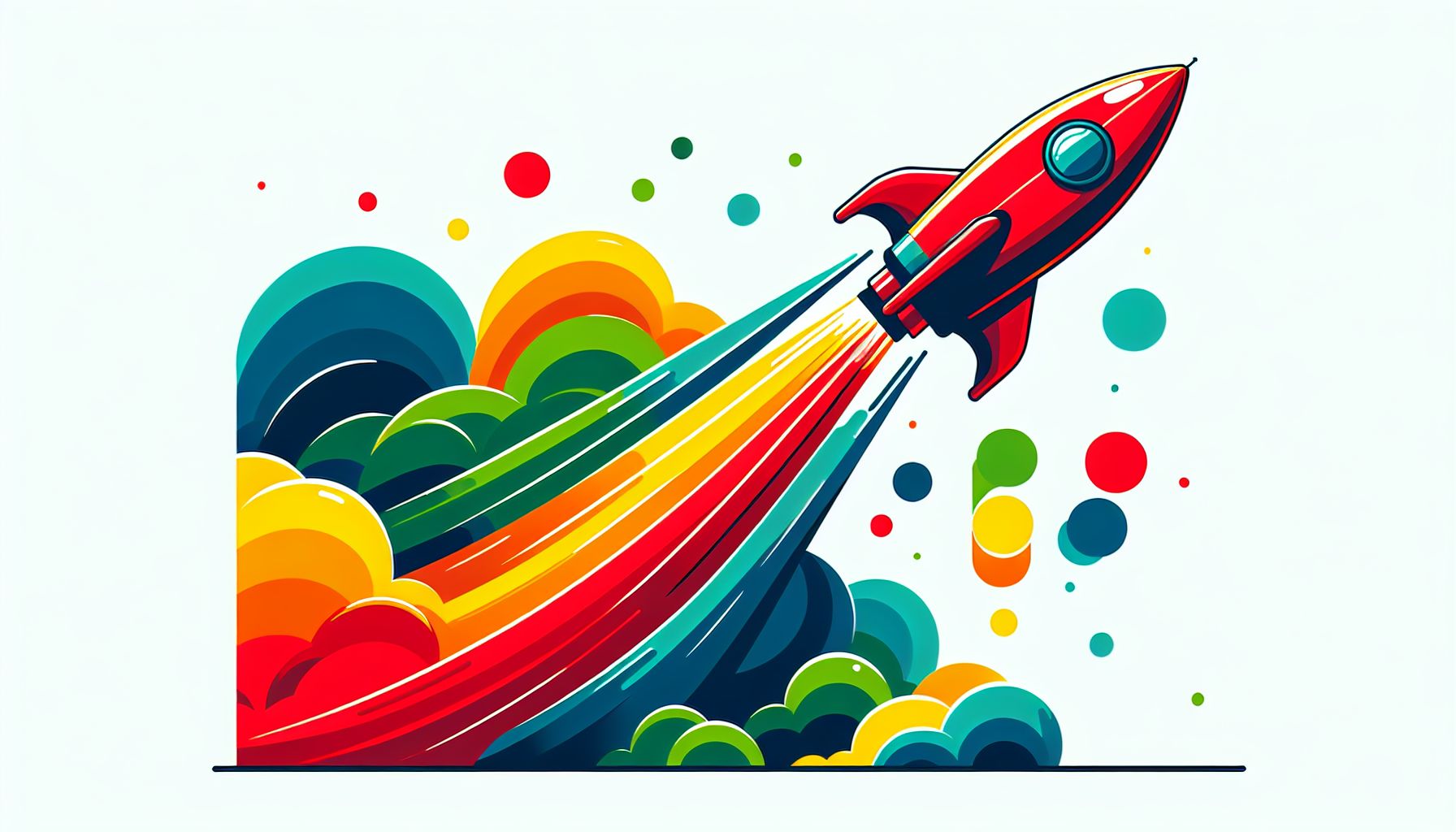 Rocket in flat illustration style and white background, red #f47574, green #88c7a8, yellow #fcc44b, and blue #645bc8 colors.