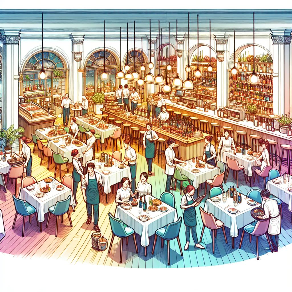 restaurant in illustration style with gradients and white background