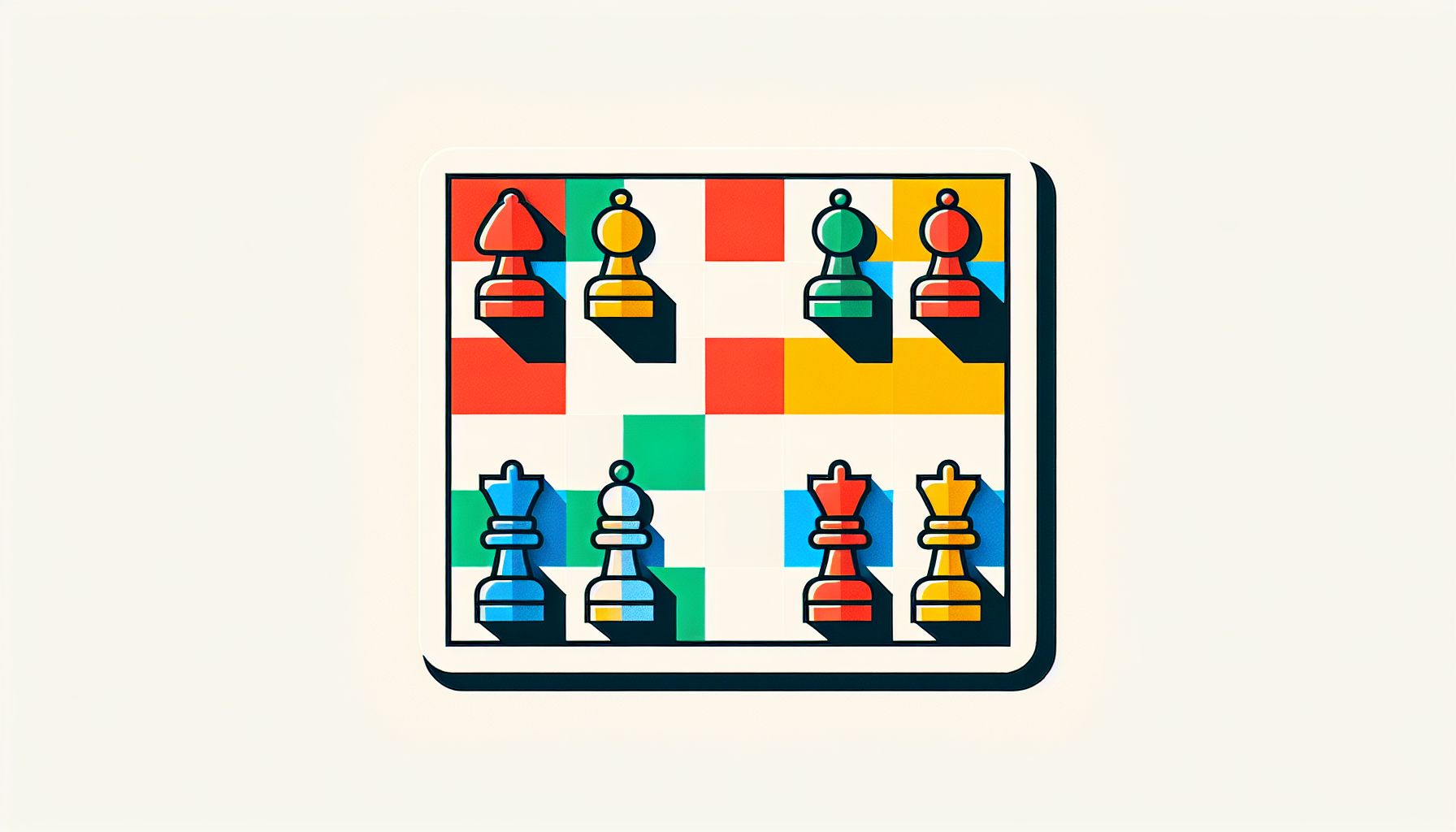 Chessboard in flat illustration style and white background, red #f47574, green #88c7a8, yellow #fcc44b, and blue #645bc8 colors.