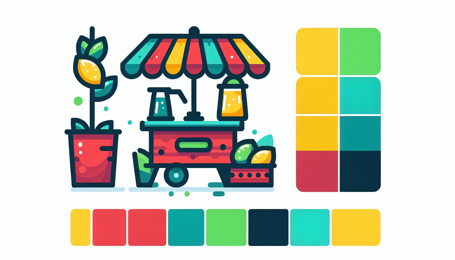 Lemonade stand in flat illustration style and white background, red #f47574, green #88c7a8, yellow #fcc44b, and blue #645bc8 colors.