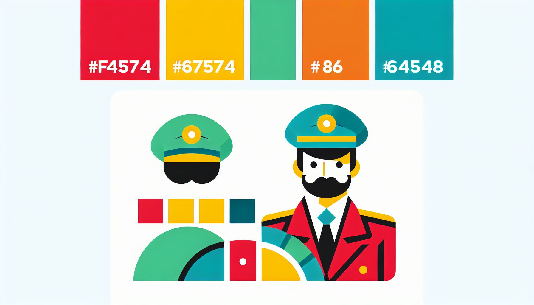 Captain in flat illustration style and white background, red #f47574, green #88c7a8, yellow #fcc44b, and blue #645bc8 colors.