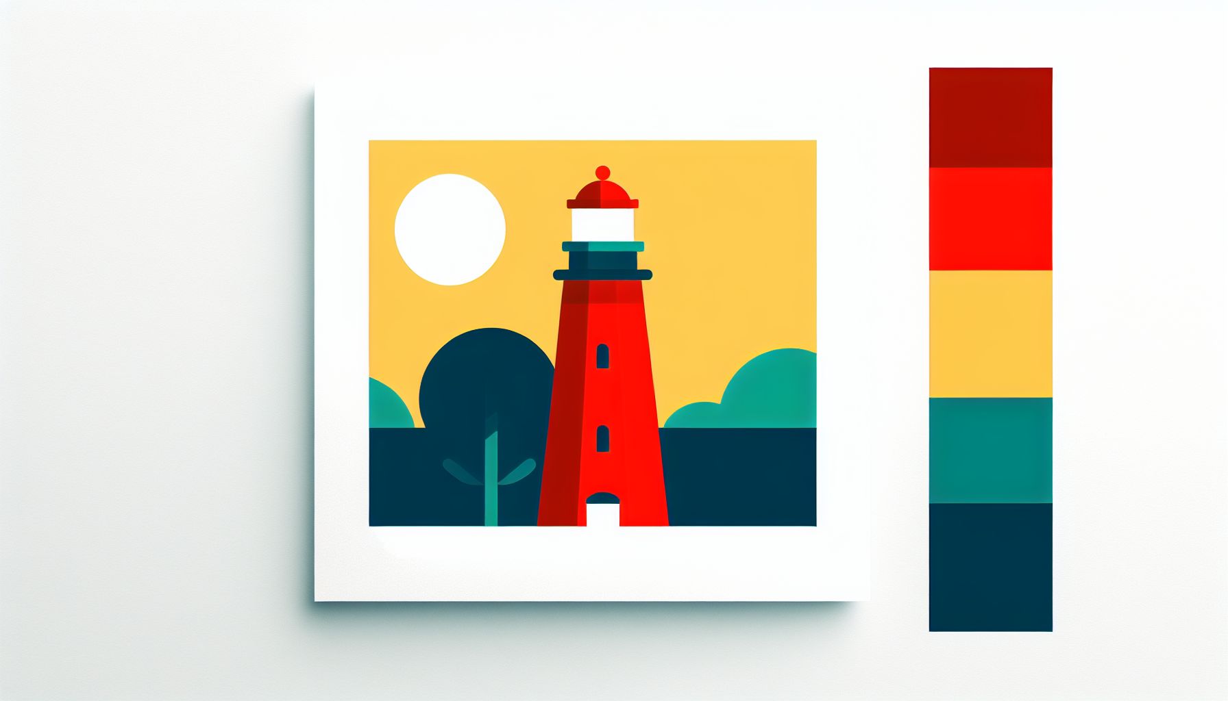 Lighthouse in flat illustration style and white background, red #f47574, green #88c7a8, yellow #fcc44b, and blue #645bc8 colors.