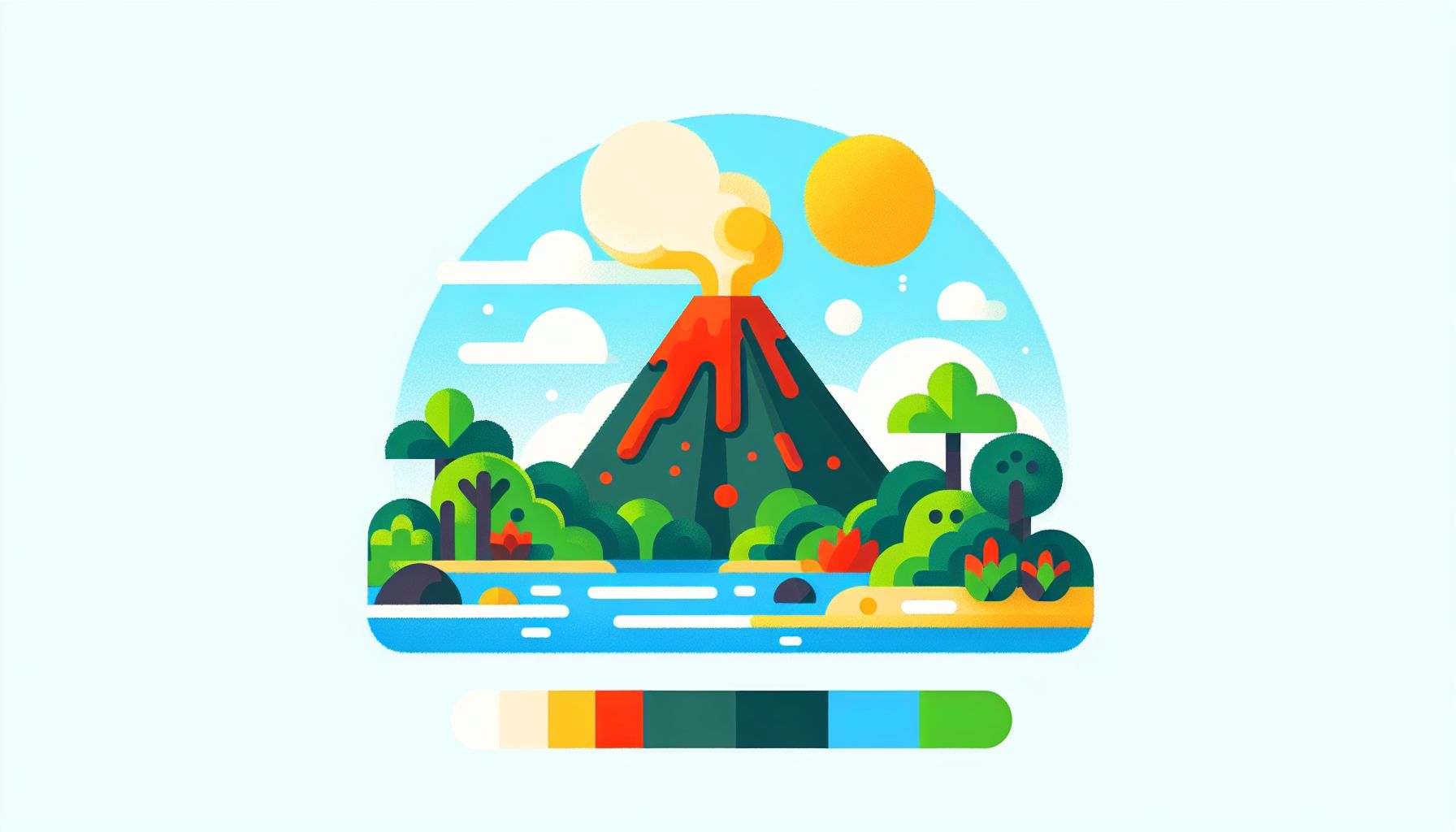 Volcano in flat illustration style and white background, red #f47574, green #88c7a8, yellow #fcc44b, and blue #645bc8 colors.