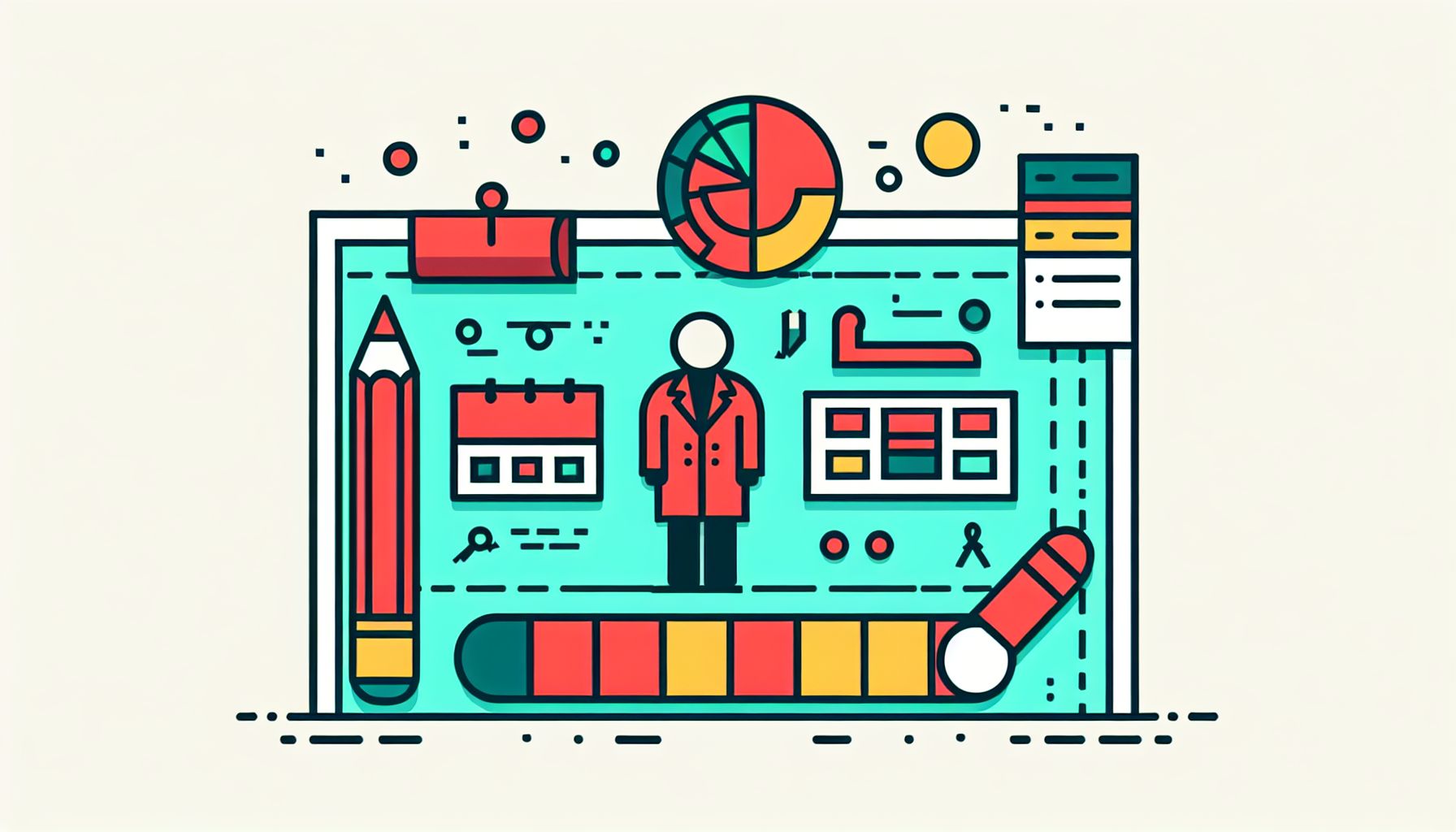 Blueprint in flat illustration style and white background, red #f47574, green #88c7a8, yellow #fcc44b, and blue #645bc8 colors.