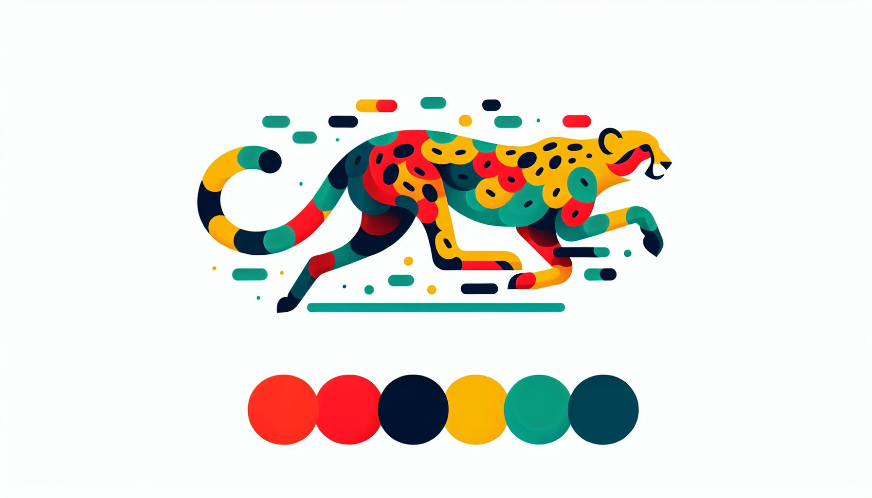 Cheetah in flat illustration style and white background, red #f47574, green #88c7a8, yellow #fcc44b, and blue #645bc8 colors.