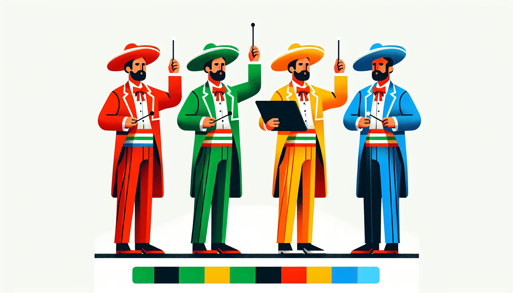 Conductor in flat illustration style and white background, red #f47574, green #88c7a8, yellow #fcc44b, and blue #645bc8 colors.