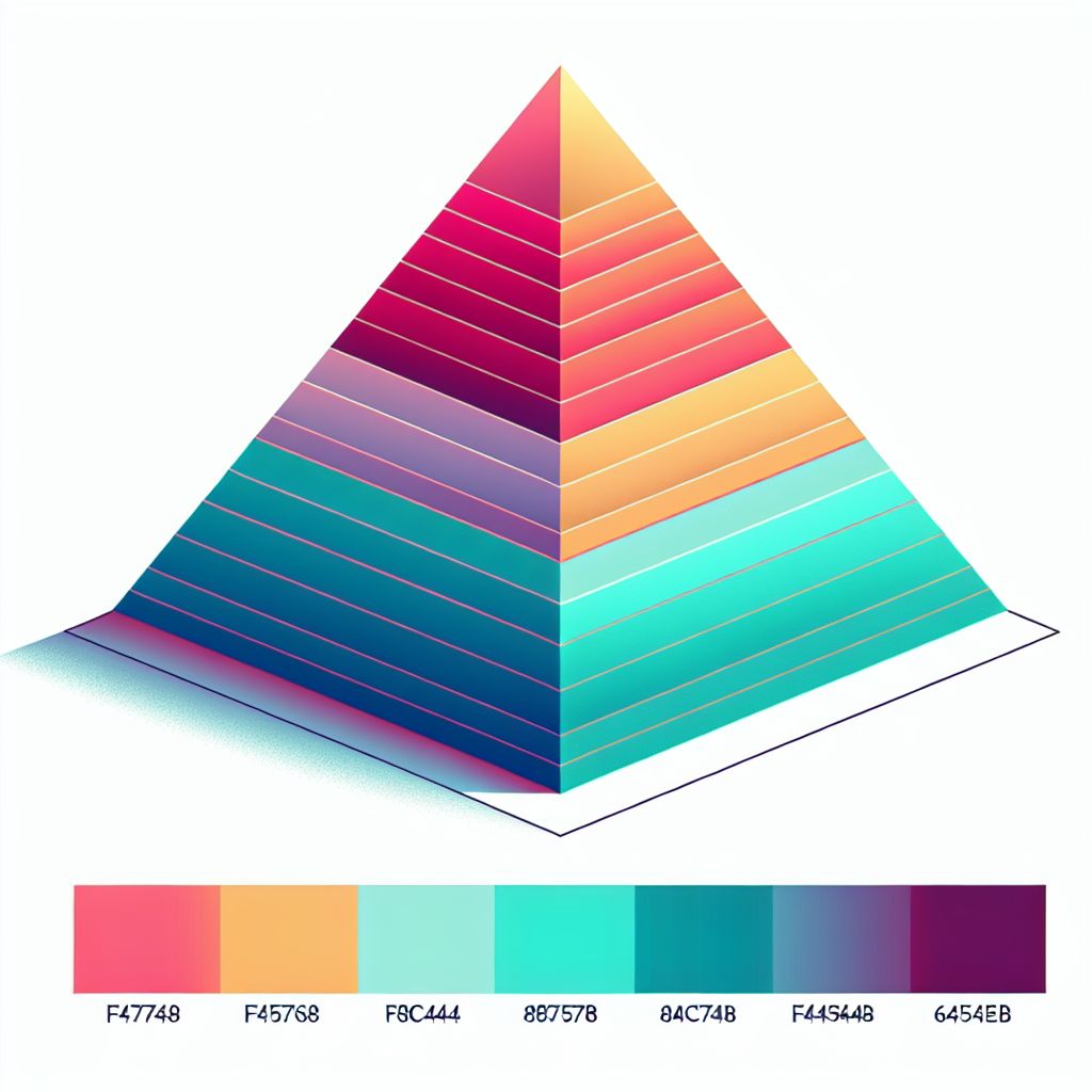 pyramid in illustration style with gradients and white background, f47574, 88c7a8, fcc44b, and 645bc8 colors.