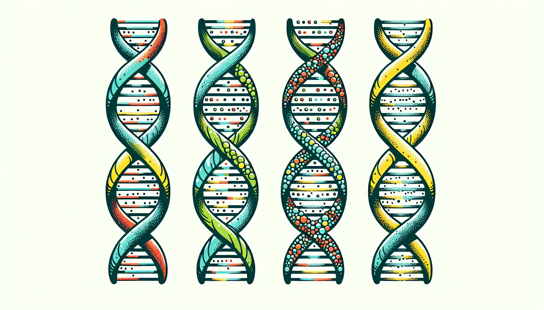 DNA in flat illustration style and white background, red #f47574, green #88c7a8, yellow #fcc44b, and blue #645bc8 colors.