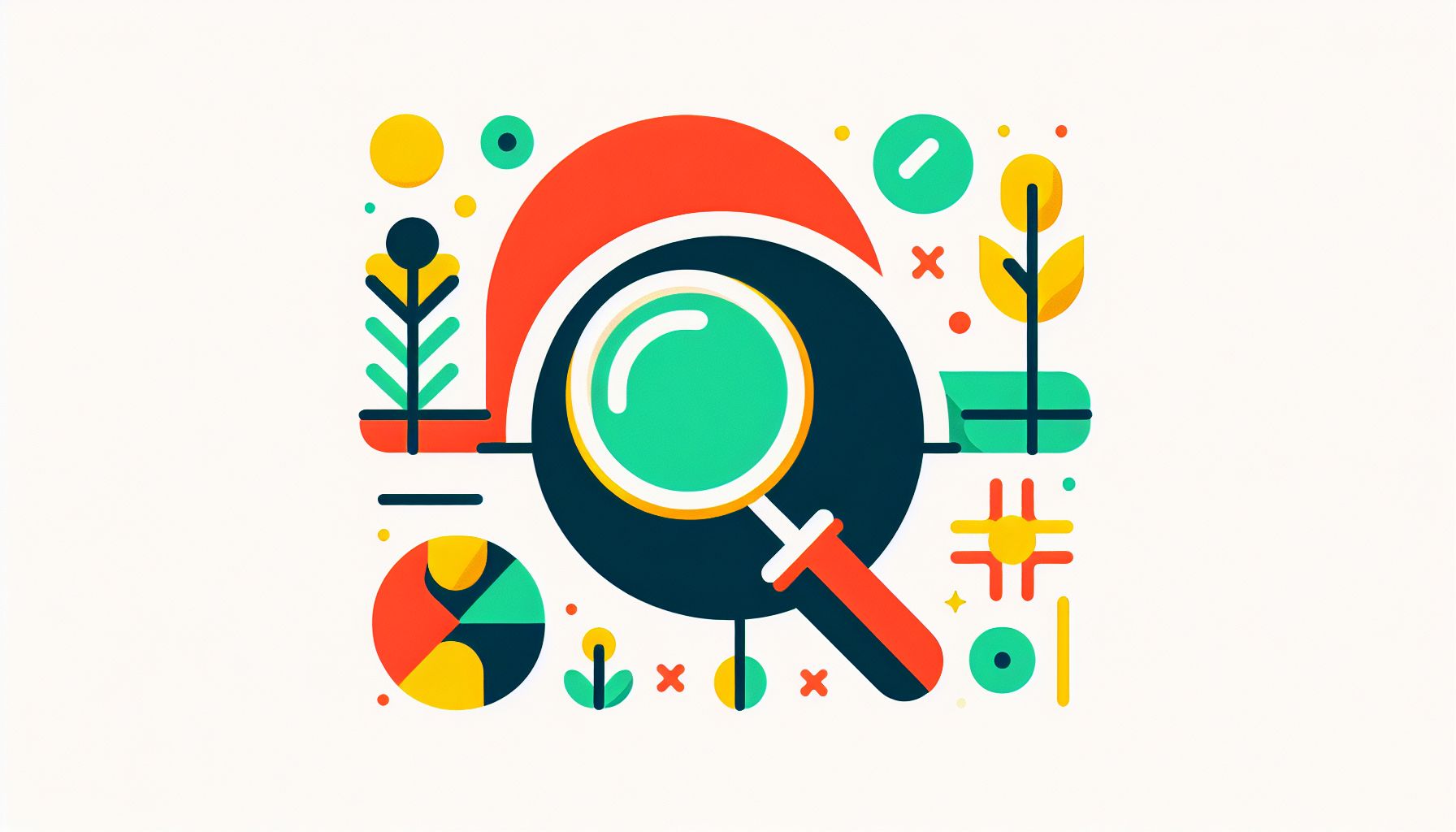 Magnifying Glass in flat illustration style and white background, red #f47574, green #88c7a8, yellow #fcc44b, and blue #645bc8 colors.