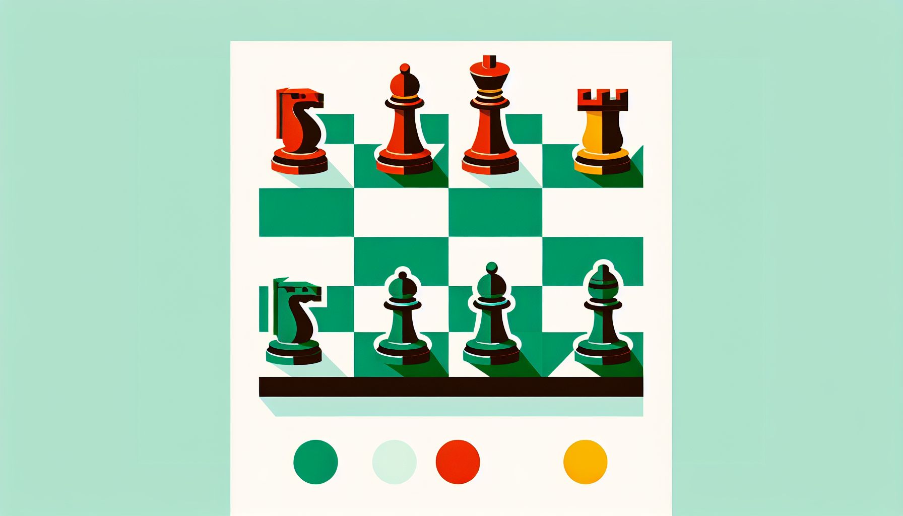 Chessboard in flat illustration style and white background, red #f47574, green #88c7a8, yellow #fcc44b, and blue #645bc8 colors.