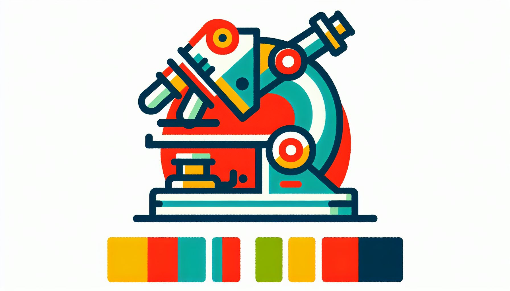 Microscope in flat illustration style and white background, red #f47574, green #88c7a8, yellow #fcc44b, and blue #645bc8 colors.