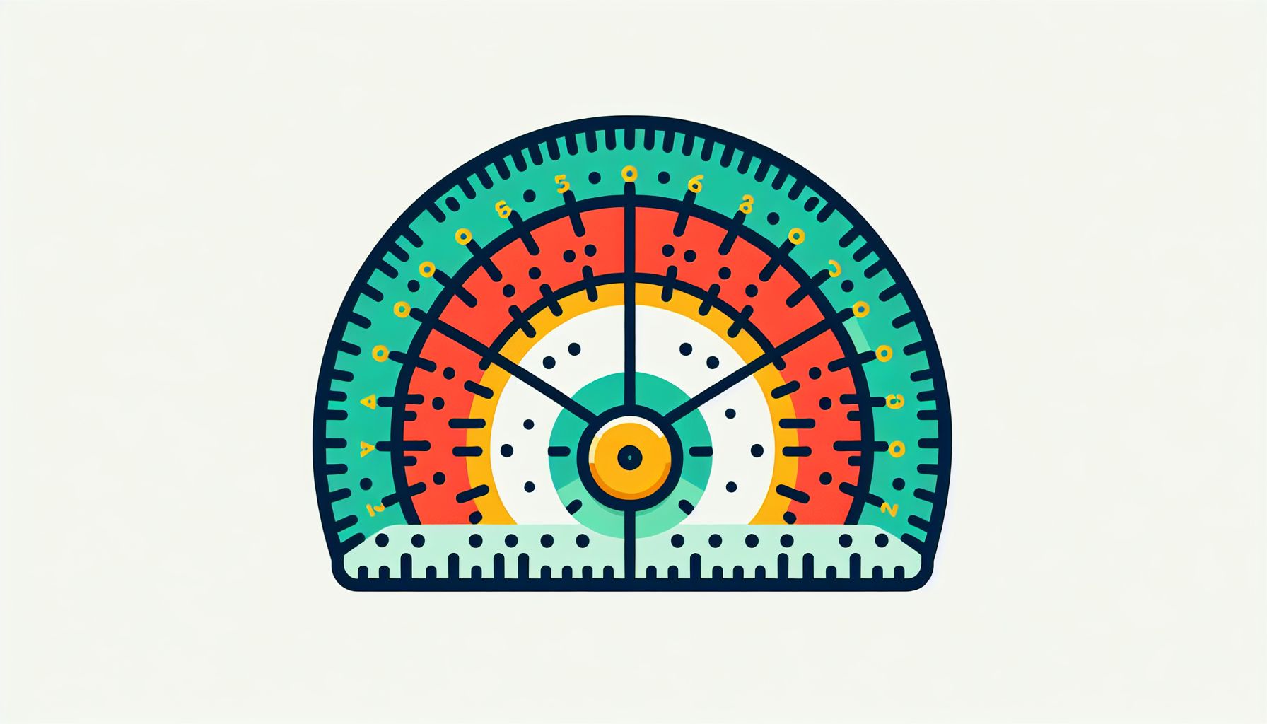 Protractor in flat illustration style and white background, red #f47574, green #88c7a8, yellow #fcc44b, and blue #645bc8 colors.