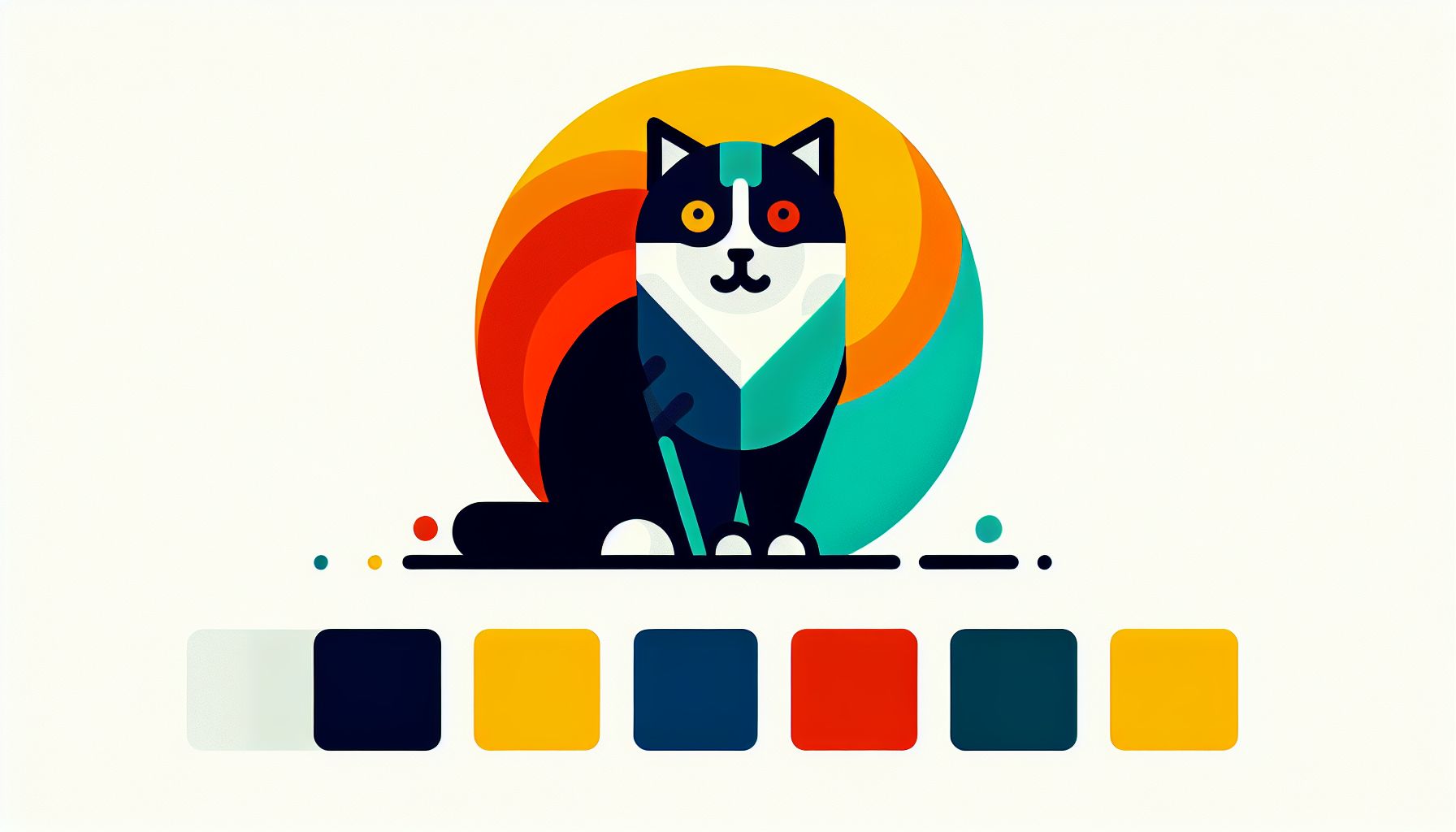 Cat in flat illustration style and white background, red #f47574, green #88c7a8, yellow #fcc44b, and blue #645bc8 colors.