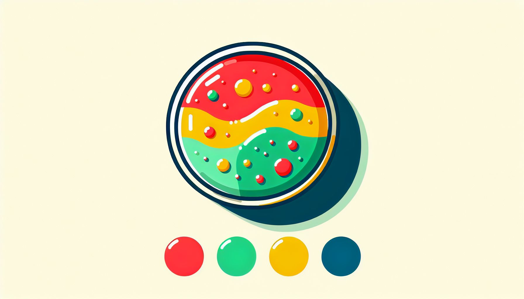 Petri Dish in flat illustration style and white background, red #f47574, green #88c7a8, yellow #fcc44b, and blue #645bc8 colors.
