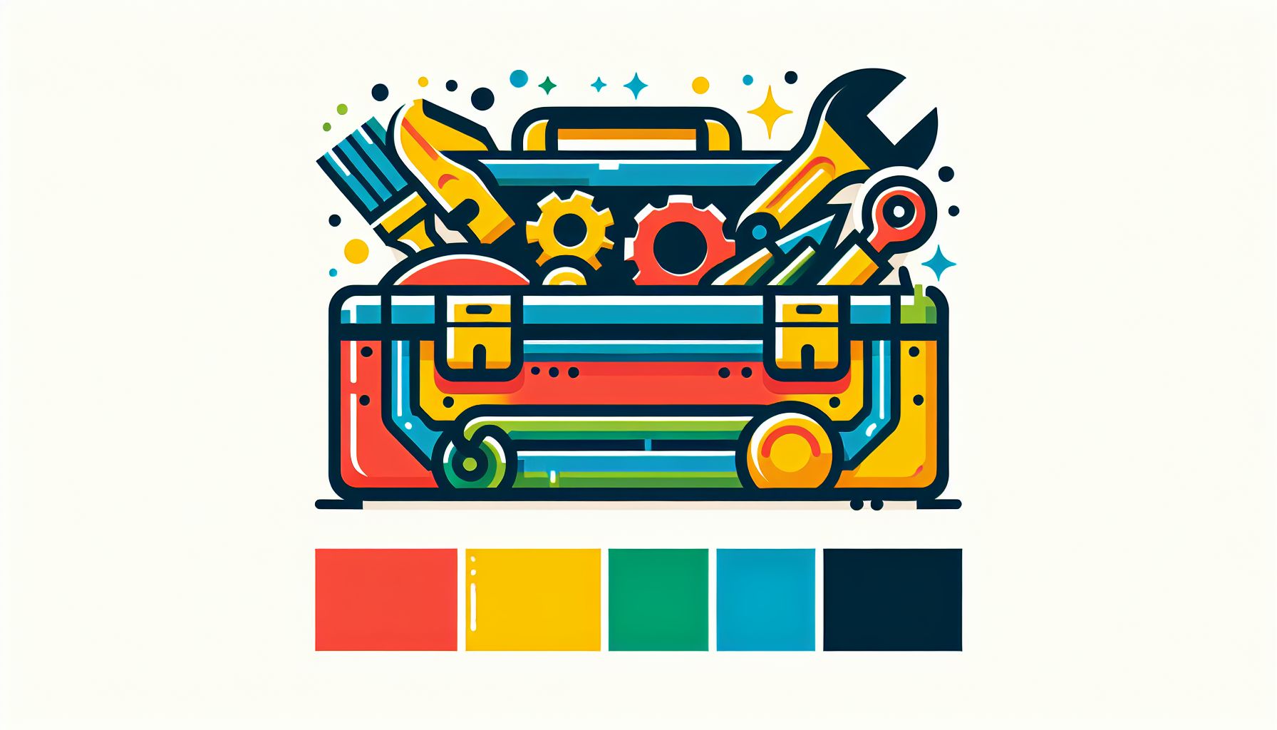 Toolbox in flat illustration style and white background, red #f47574, green #88c7a8, yellow #fcc44b, and blue #645bc8 colors.