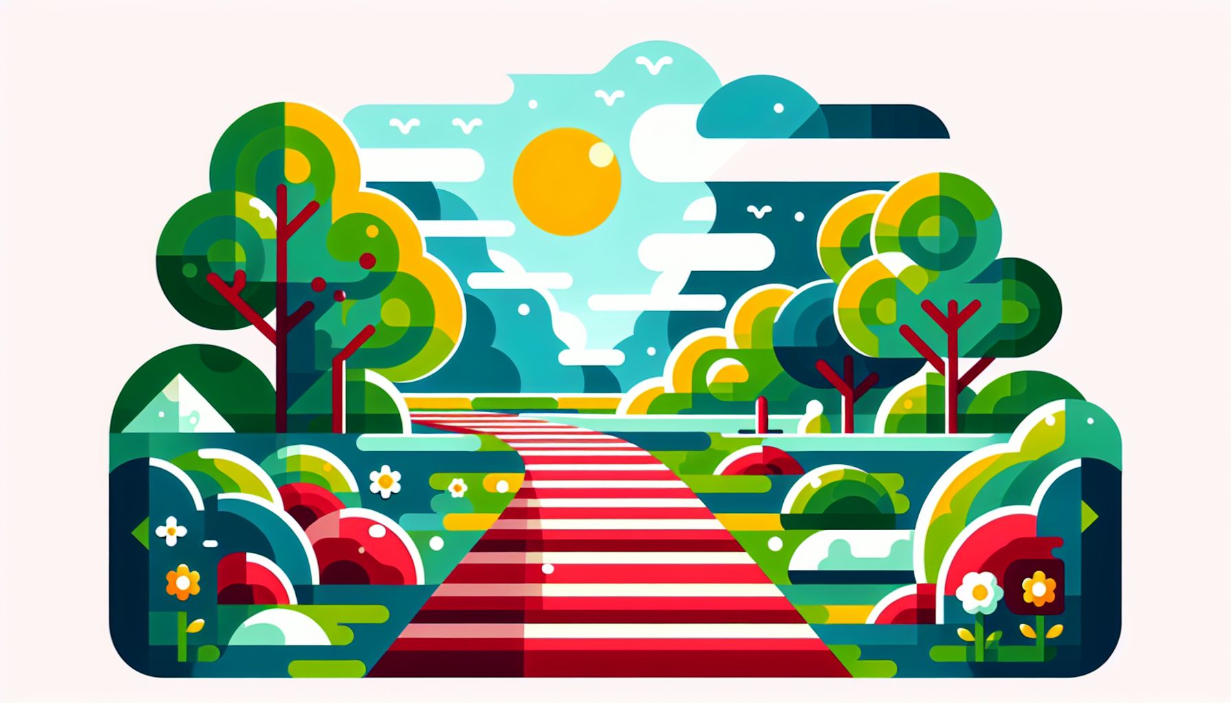 Pathway in flat illustration style and white background, red #f47574, green #88c7a8, yellow #fcc44b, and blue #645bc8 colors.