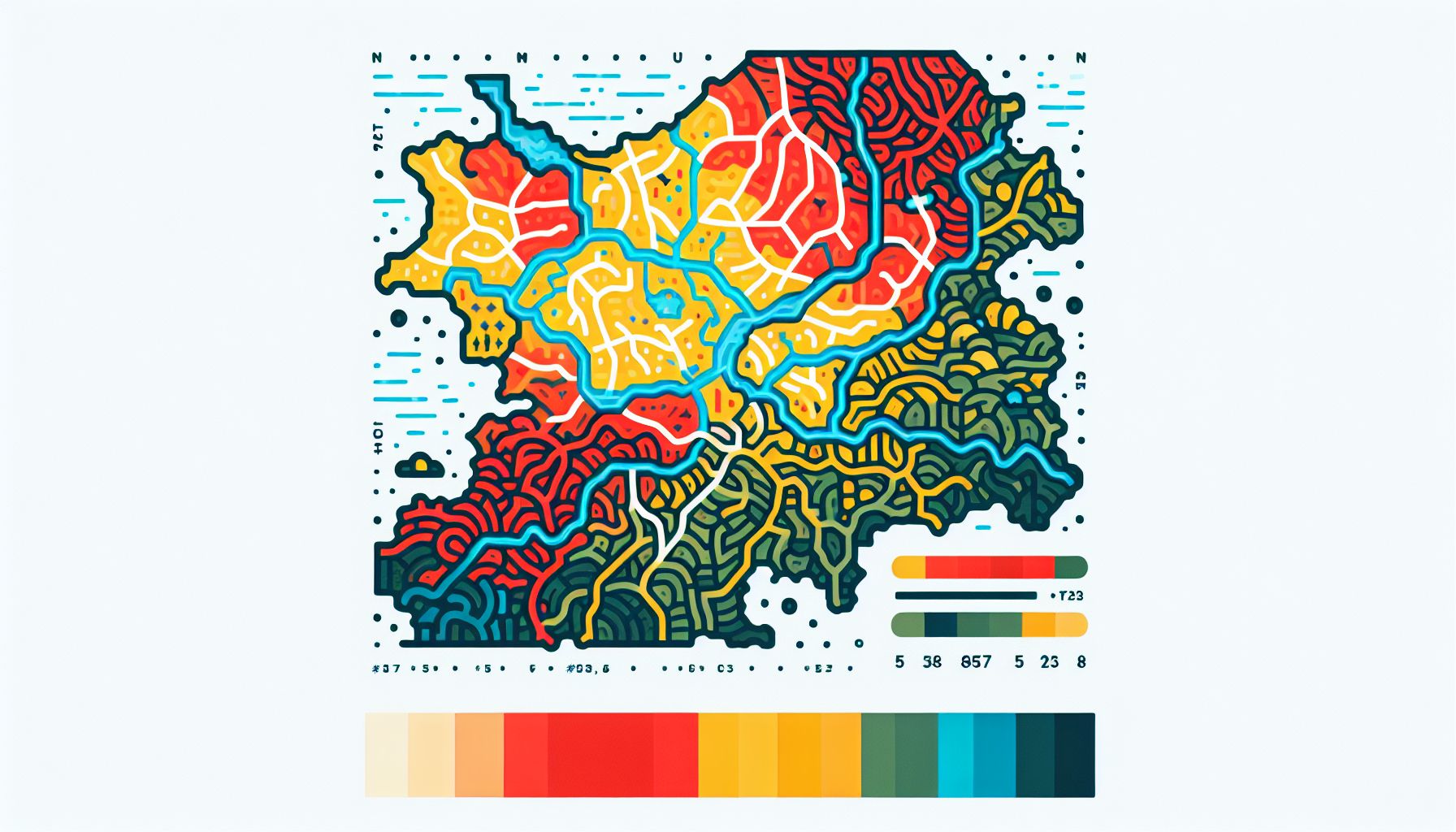 Map in flat illustration style and white background, red #f47574, green #88c7a8, yellow #fcc44b, and blue #645bc8 colors.
