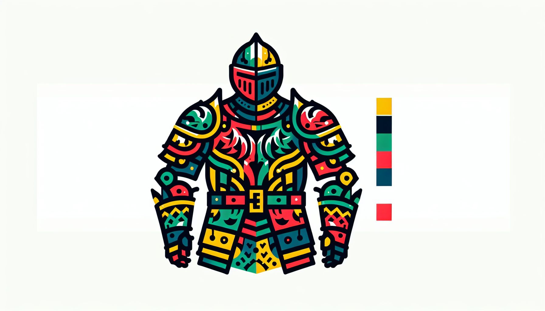 Armor in flat illustration style and white background, red #f47574, green #88c7a8, yellow #fcc44b, and blue #645bc8 colors.