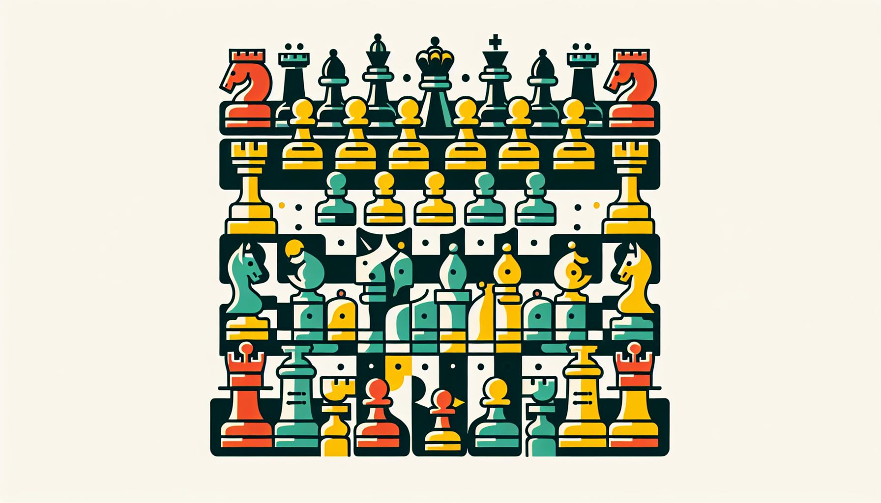Chessboard in flat illustration style and white background, red #f47574, green #88c7a8, yellow #fcc44b, and blue #645bc8 colors.