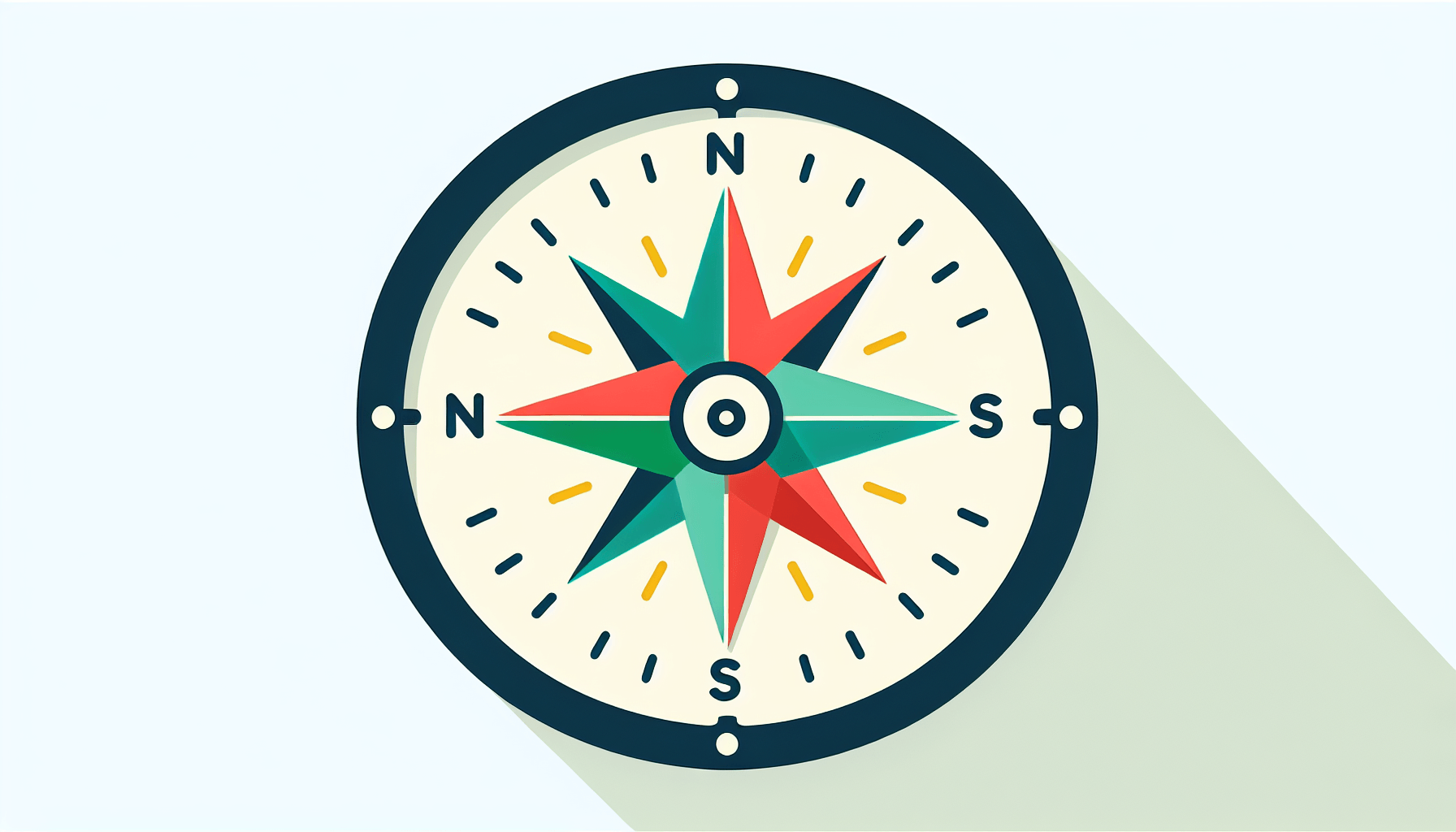 Compass in flat illustration style and white background, red #f47574, green #88c7a8, yellow #fcc44b, and blue #645bc8 colors.