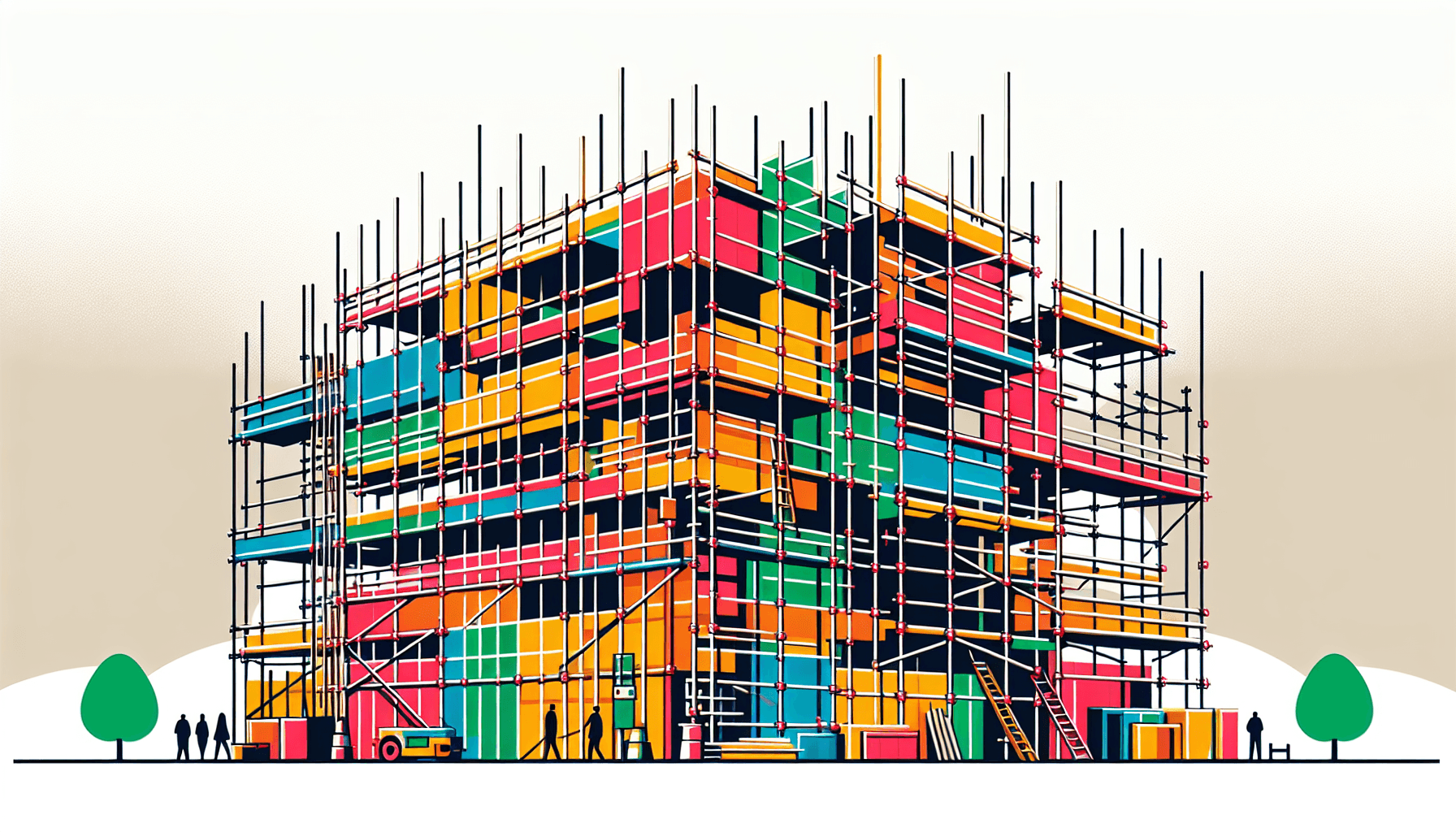 Scaffold in flat illustration style and white background, red #f47574, green #88c7a8, yellow #fcc44b, and blue #645bc8 colors.