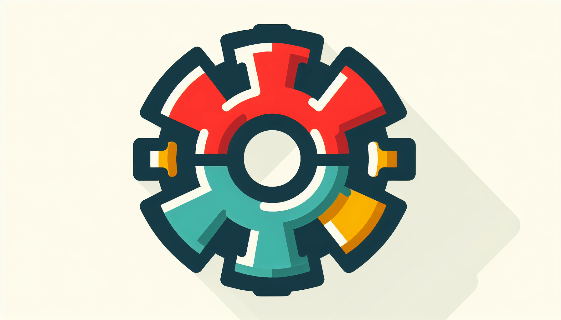 Gear in flat illustration style and white background, red #f47574, green #88c7a8, yellow #fcc44b, and blue #645bc8 colors.