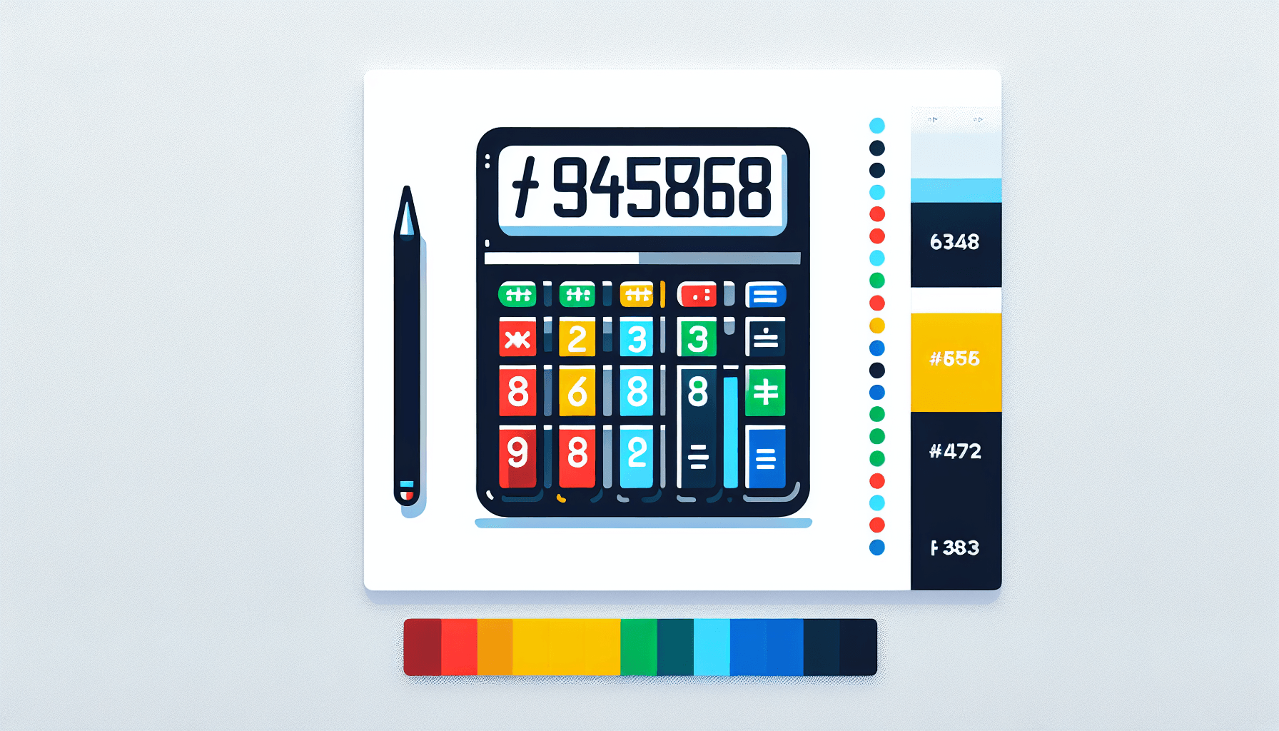 Calculator in flat illustration style and white background, red #f47574, green #88c7a8, yellow #fcc44b, and blue #645bc8 colors.