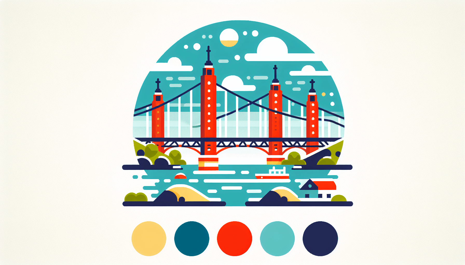 Bridge in flat illustration style and white background, red #f47574, green #88c7a8, yellow #fcc44b, and blue #645bc8 colors.