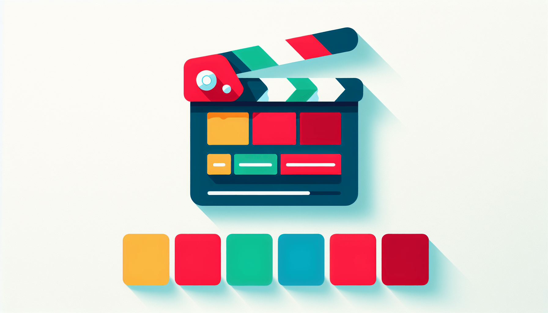 Clapperboard in flat illustration style and white background, red #f47574, green #88c7a8, yellow #fcc44b, and blue #645bc8 colors.