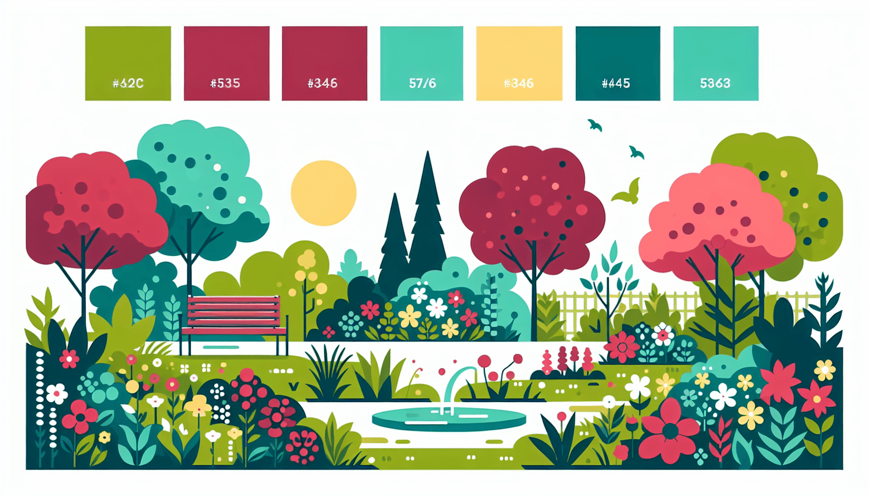 Garden in flat illustration style and white background, red #f47574, green #88c7a8, yellow #fcc44b, and blue #645bc8 colors.