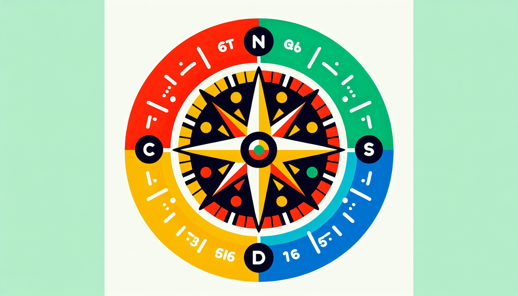 Compass in flat illustration style and white background, red #f47574, green #88c7a8, yellow #fcc44b, and blue #645bc8 colors.