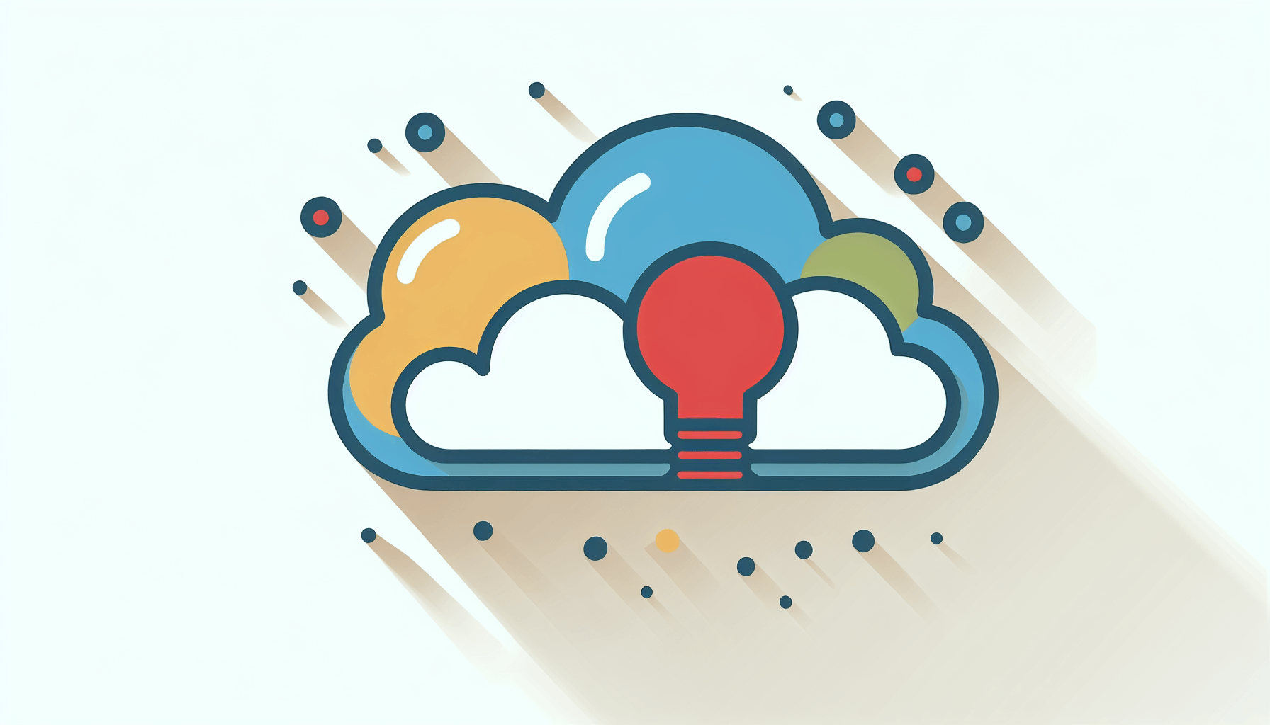 Idea cloud in flat illustration style and white background, red #f47574, green #88c7a8, yellow #fcc44b, and blue #645bc8 colors.