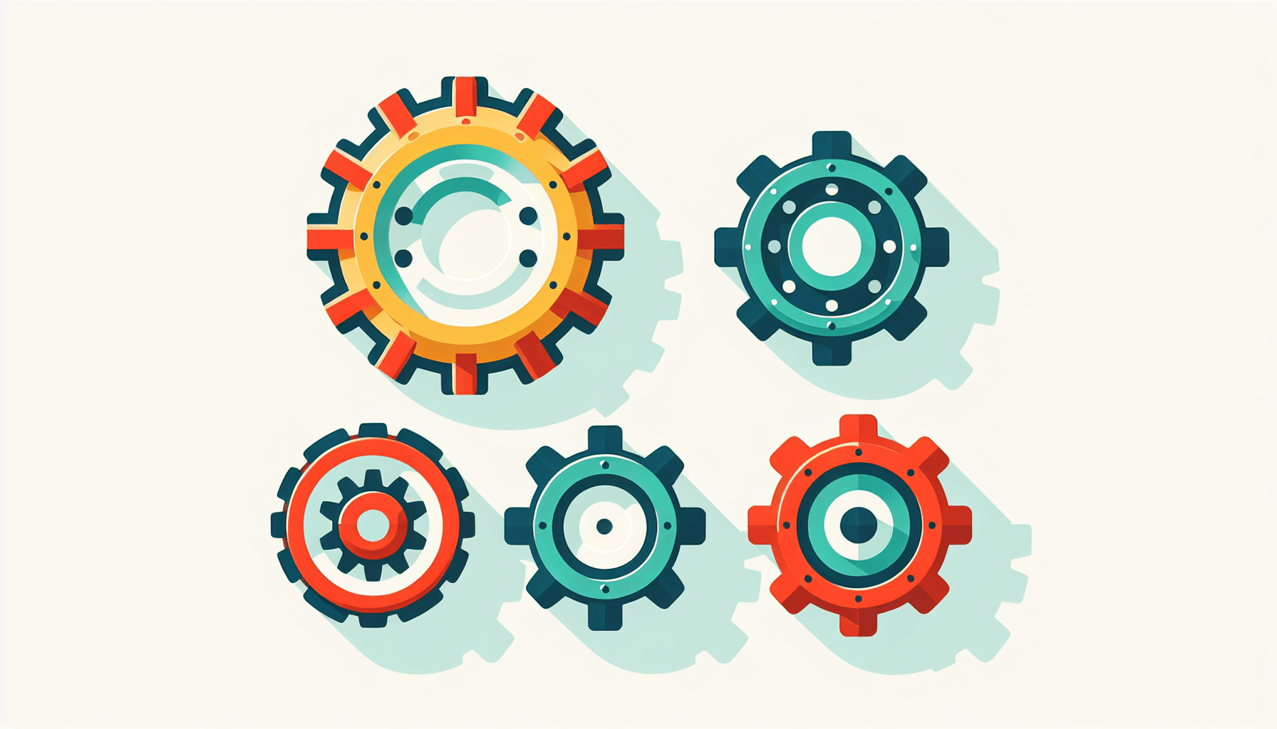 Gears in flat illustration style and white background, red #f47574, green #88c7a8, yellow #fcc44b, and blue #645bc8 colors.